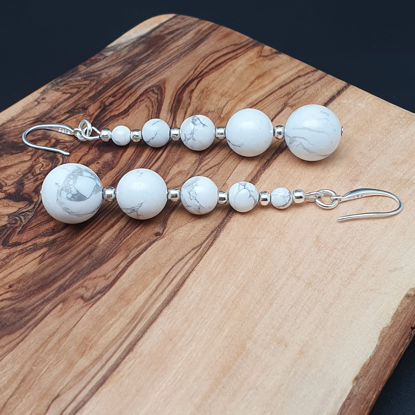 White Howlite Beaded Graduated Boho Earrings Long Dangle Drop