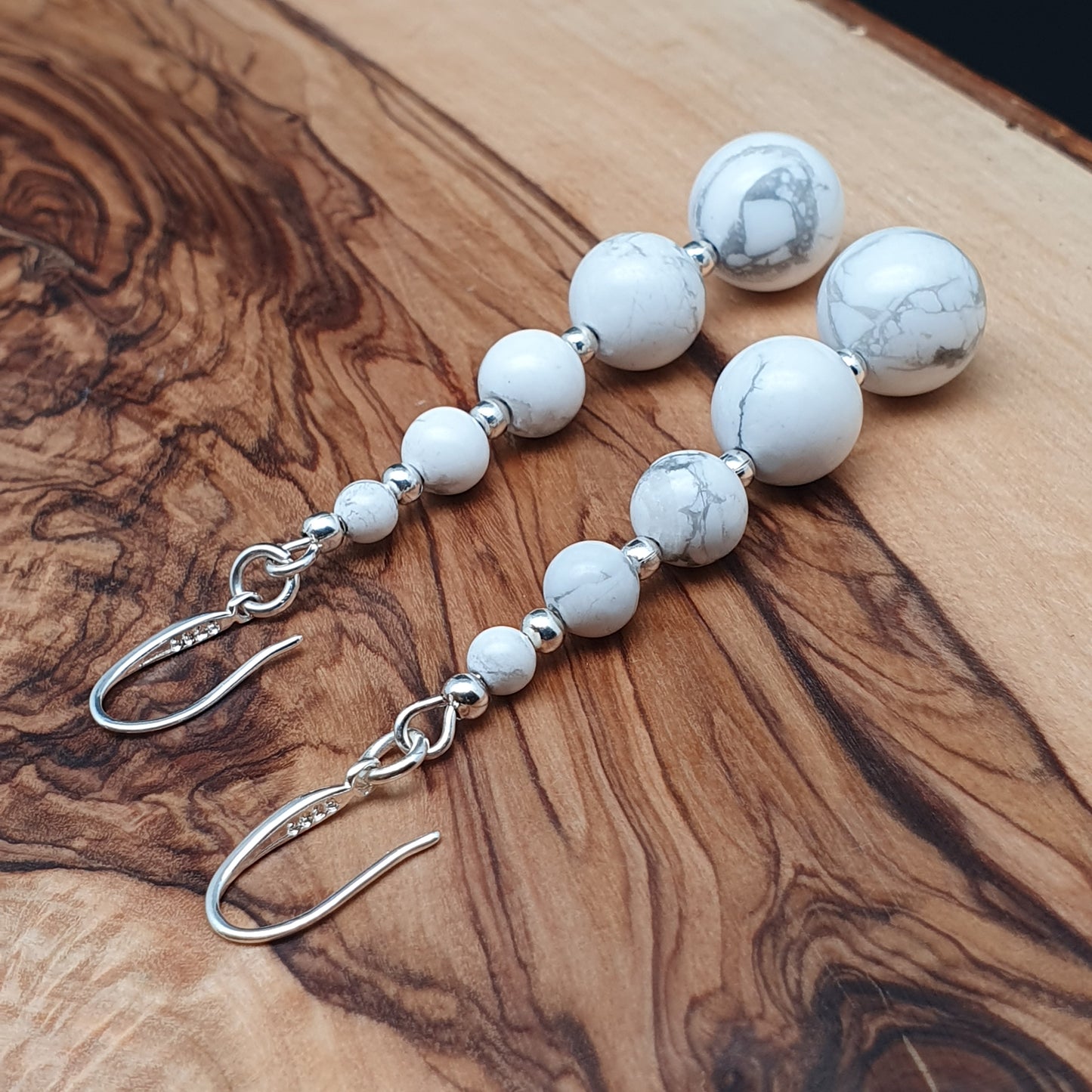 White Howlite Beaded Graduated Boho Earrings Long Dangle Drop