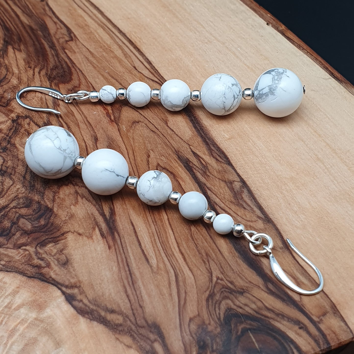 White Howlite Beaded Graduated Boho Earrings Long Dangle Drop