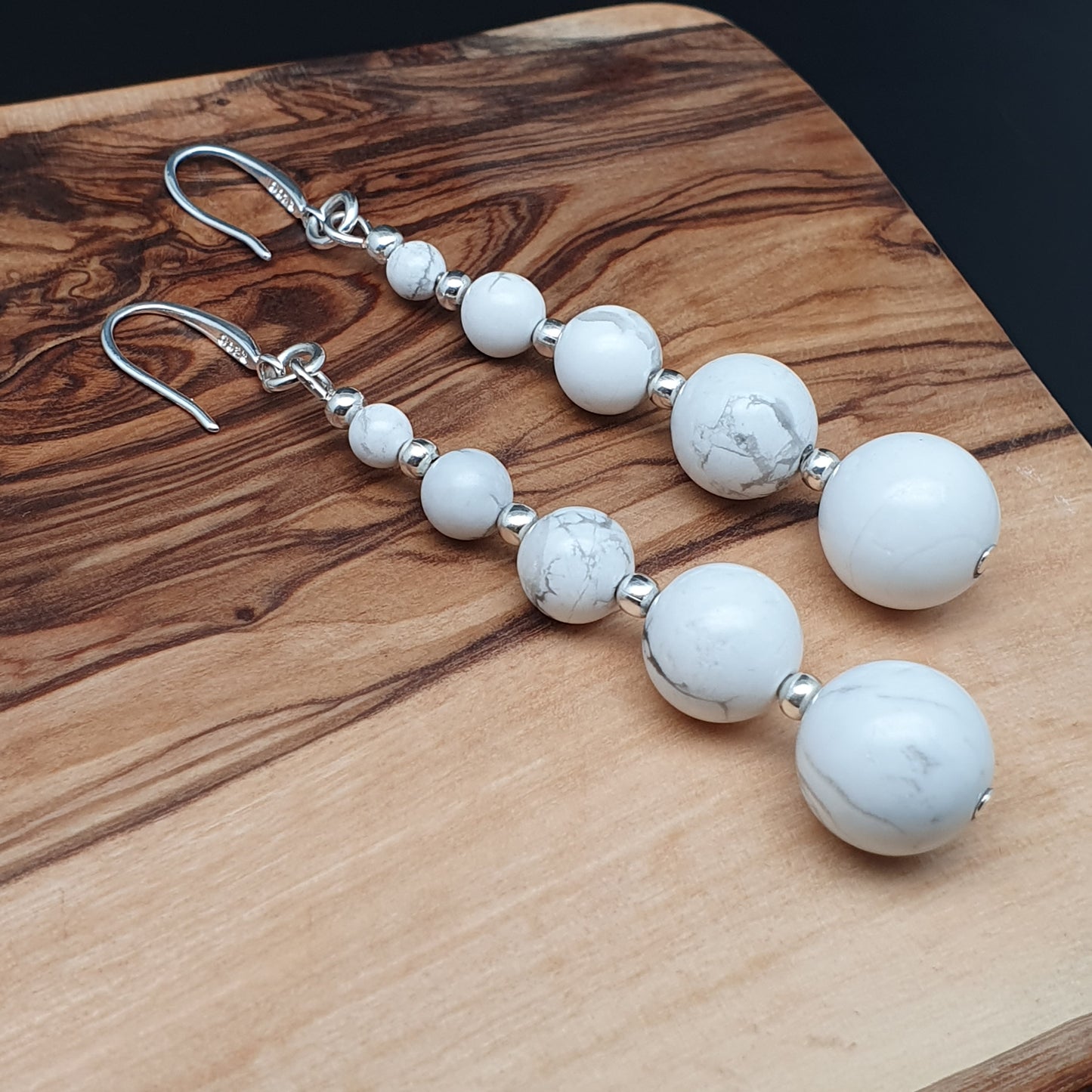 White Howlite Beaded Graduated Boho Earrings Long Dangle Drop