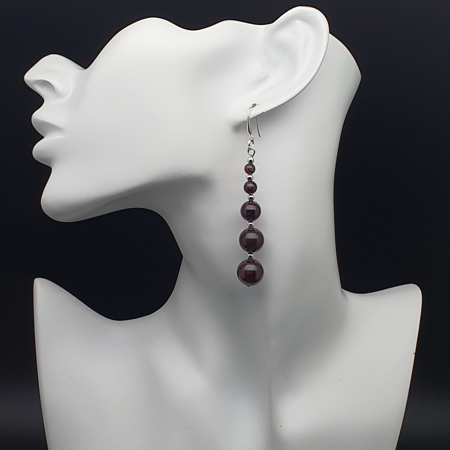 Dark Red Garnet Beaded Graduated Boho Earrings Long Dangle Drop