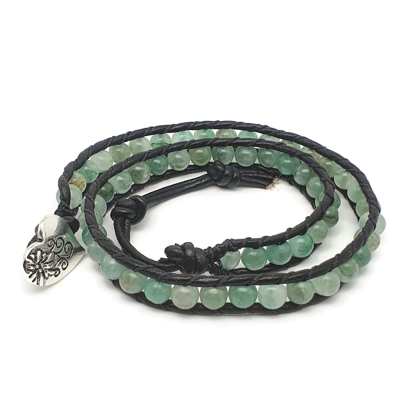 Green Aventurine And Black Leather Double Wrap Beaded Bracelet