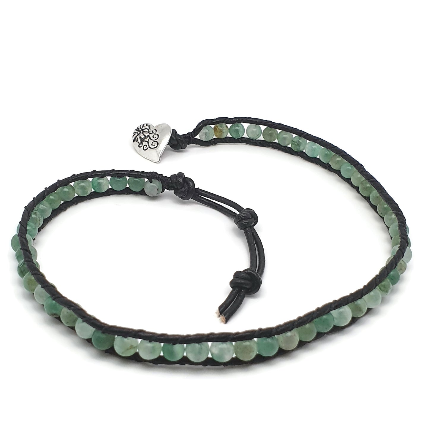 Green Aventurine And Black Leather Double Wrap Beaded Bracelet