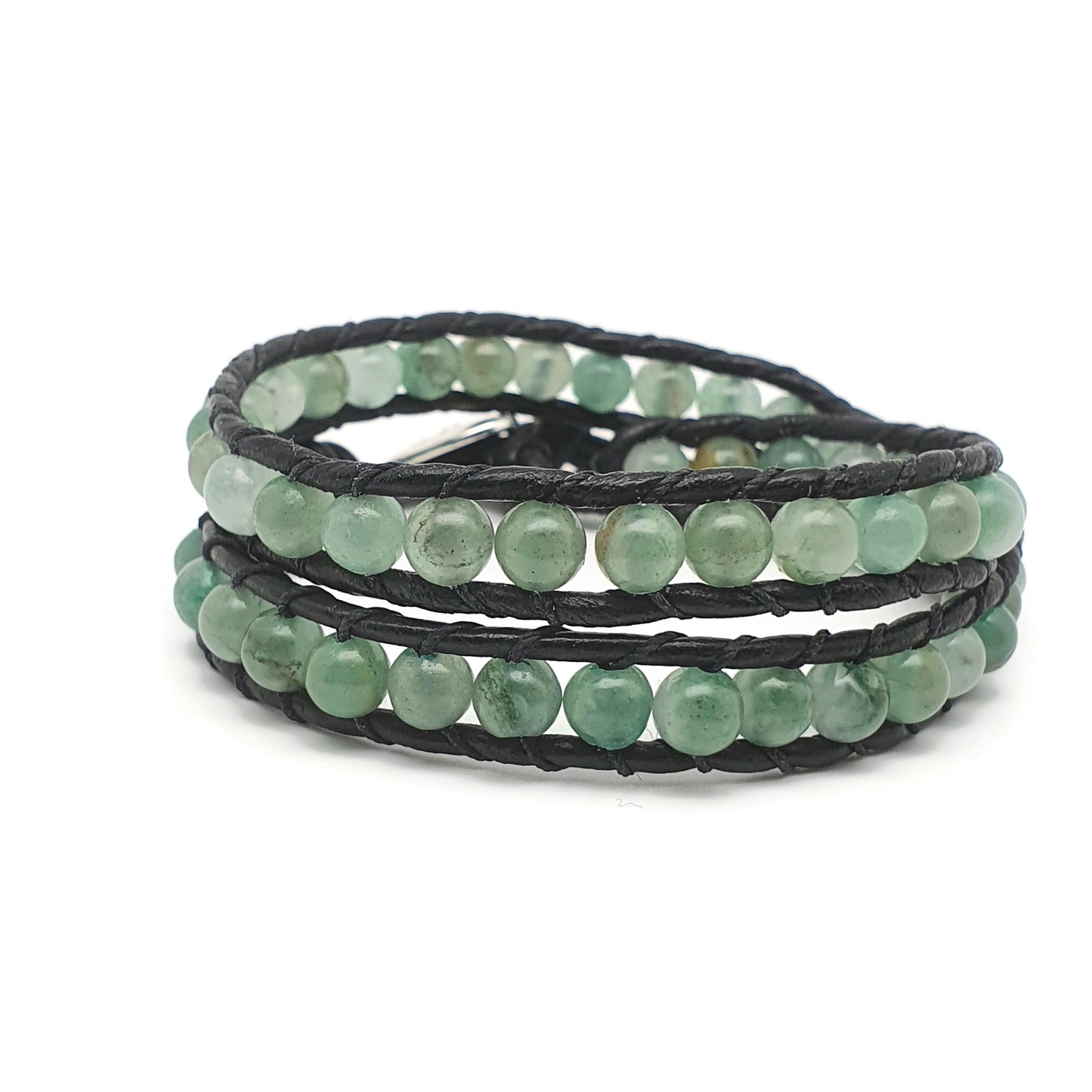 Green Aventurine And Black Leather Double Wrap Beaded Bracelet