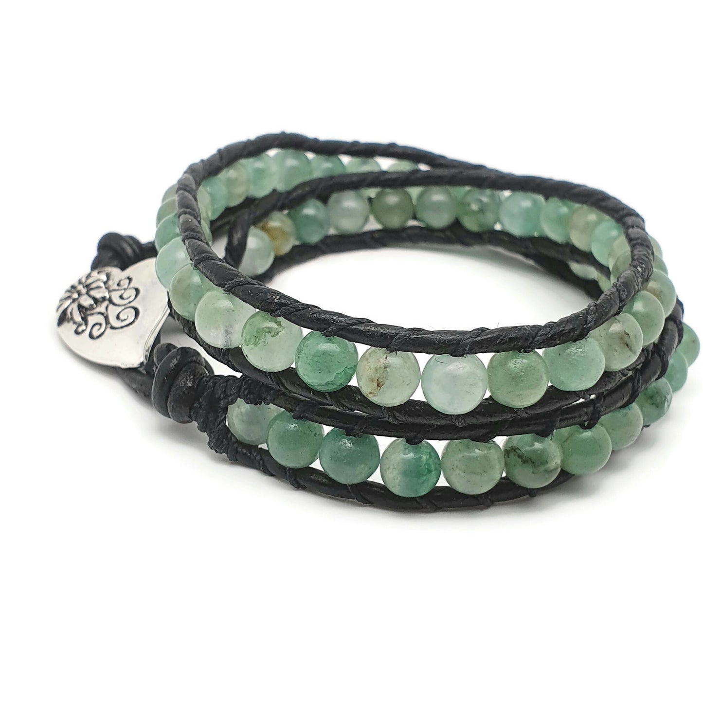 Green Aventurine And Black Leather Double Wrap Beaded Bracelet