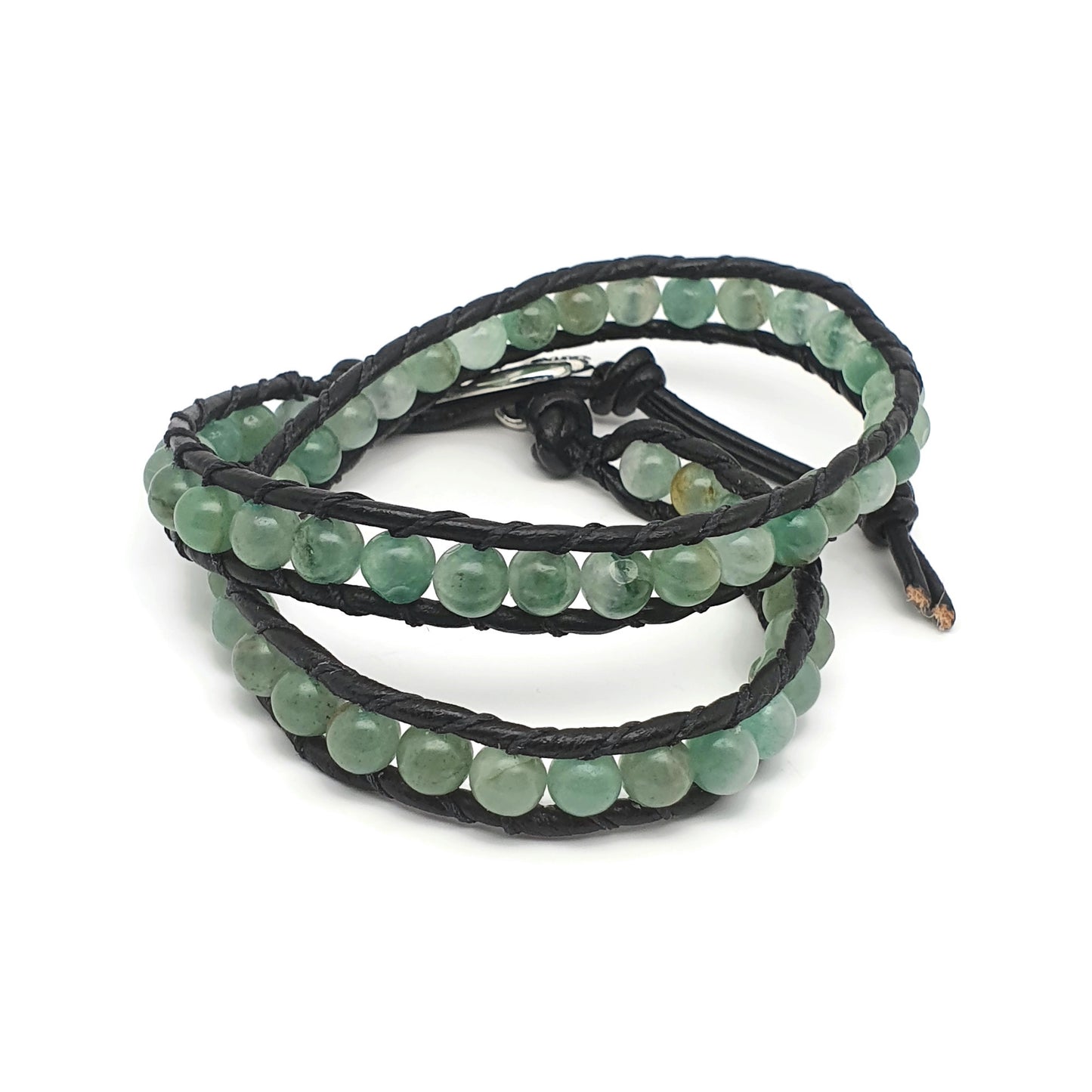 Green Aventurine And Black Leather Double Wrap Beaded Bracelet