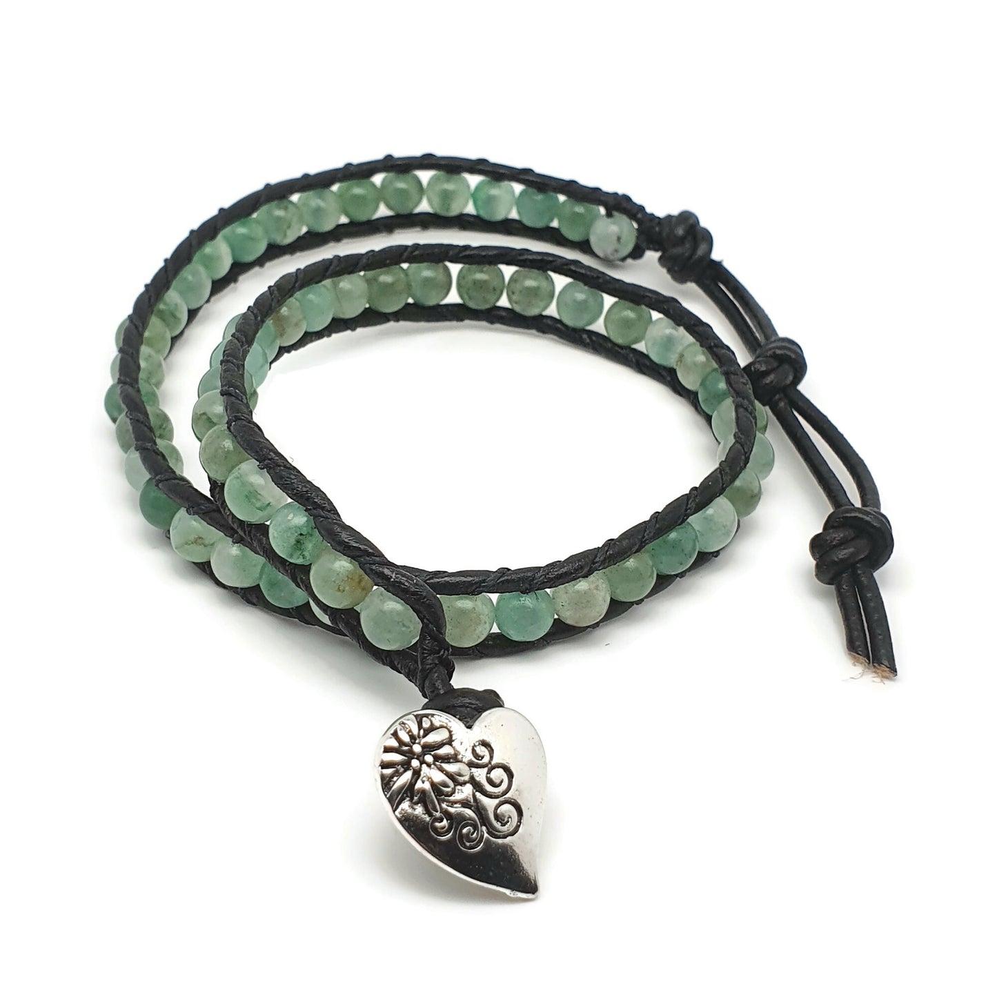 Green Aventurine And Black Leather Double Wrap Beaded Bracelet