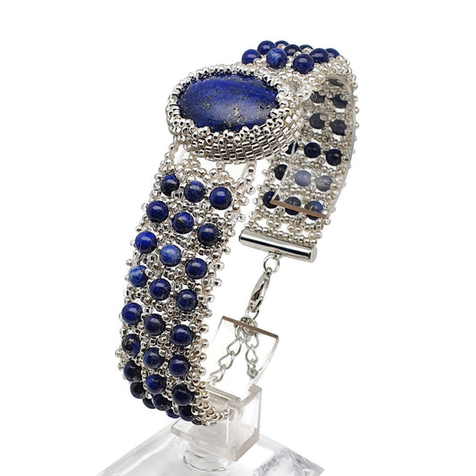 Blue Lapis Lazuli Interlaced Beaded Watch Bracelet Adjustable Length