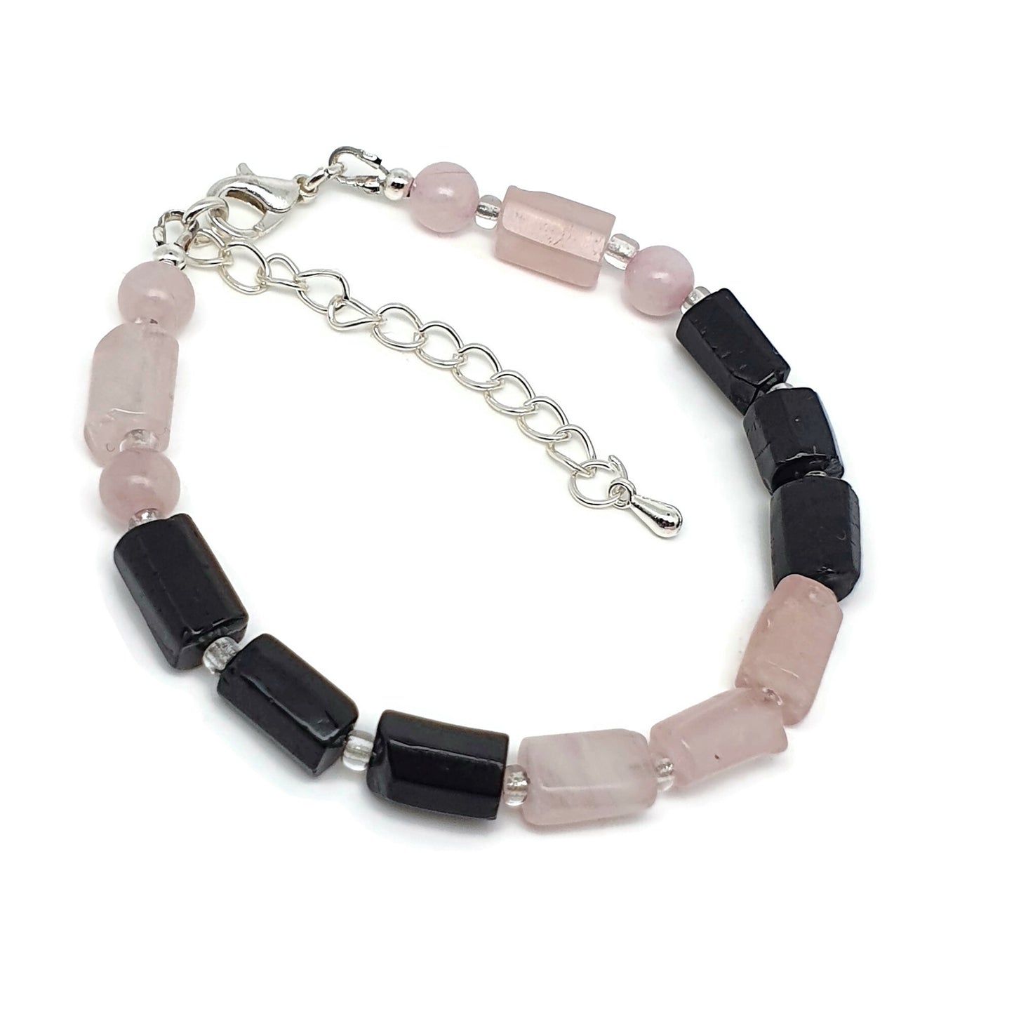 Rose Quartz And Black Tourmaline Beaded Boho Bracelet Adjustable Length