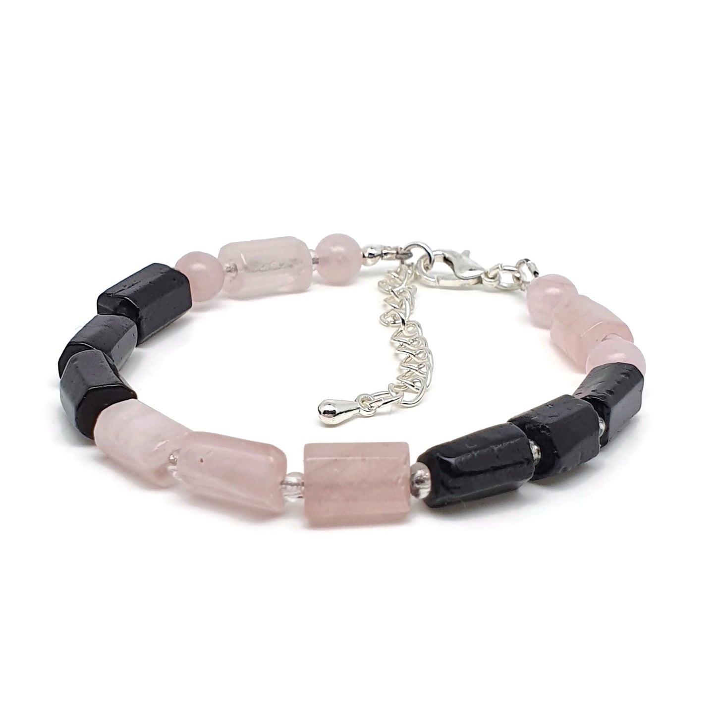 Rose Quartz And Black Tourmaline Beaded Boho Bracelet Adjustable Length