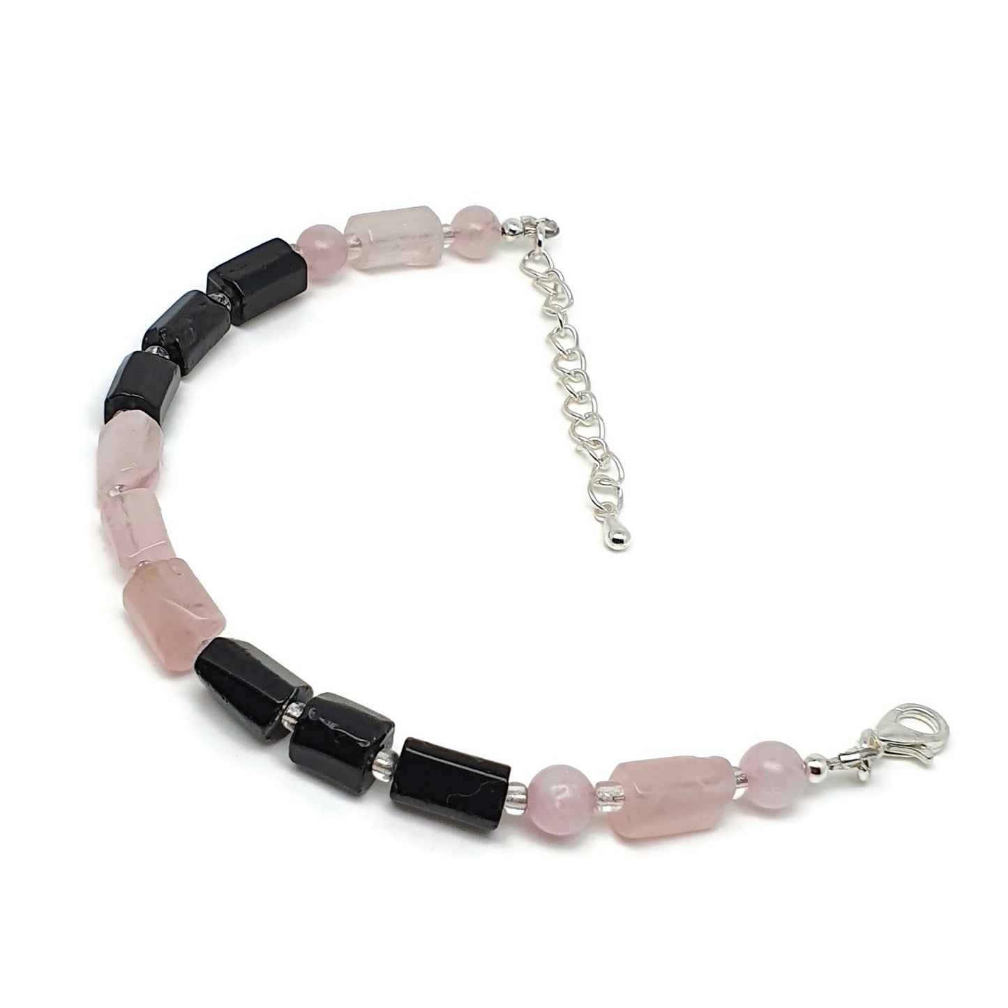 Rose Quartz And Black Tourmaline Beaded Boho Bracelet Adjustable Length