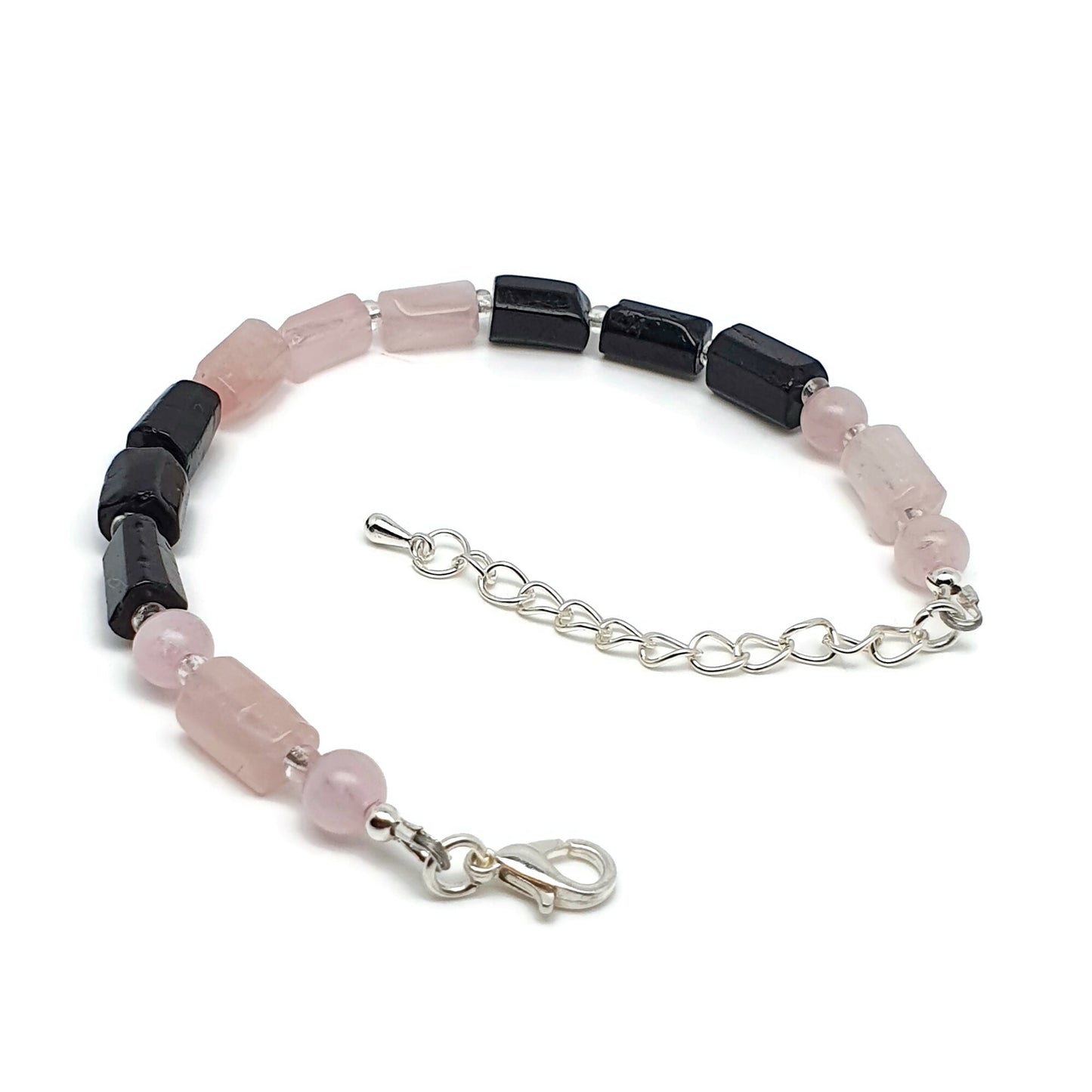 Rose Quartz And Black Tourmaline Beaded Boho Bracelet Adjustable Length