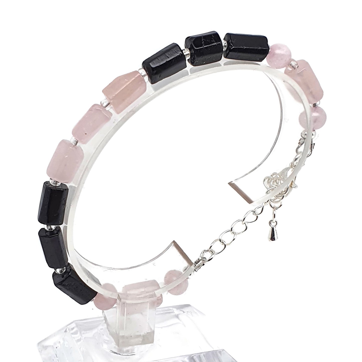 Rose Quartz And Black Tourmaline Beaded Boho Bracelet Adjustable Length