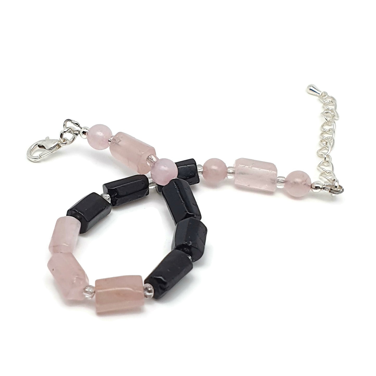 Rose Quartz And Black Tourmaline Beaded Boho Bracelet Adjustable Length