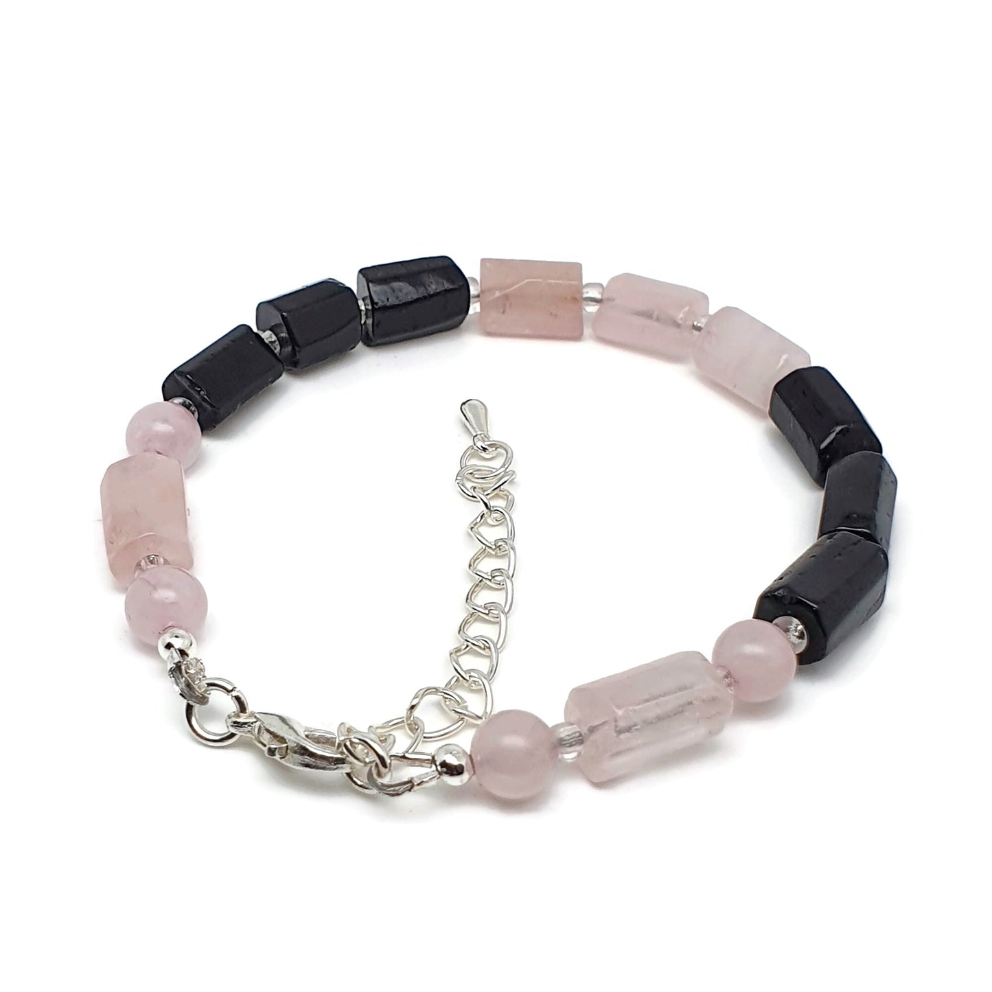 Rose Quartz And Black Tourmaline Beaded Boho Bracelet Adjustable Length