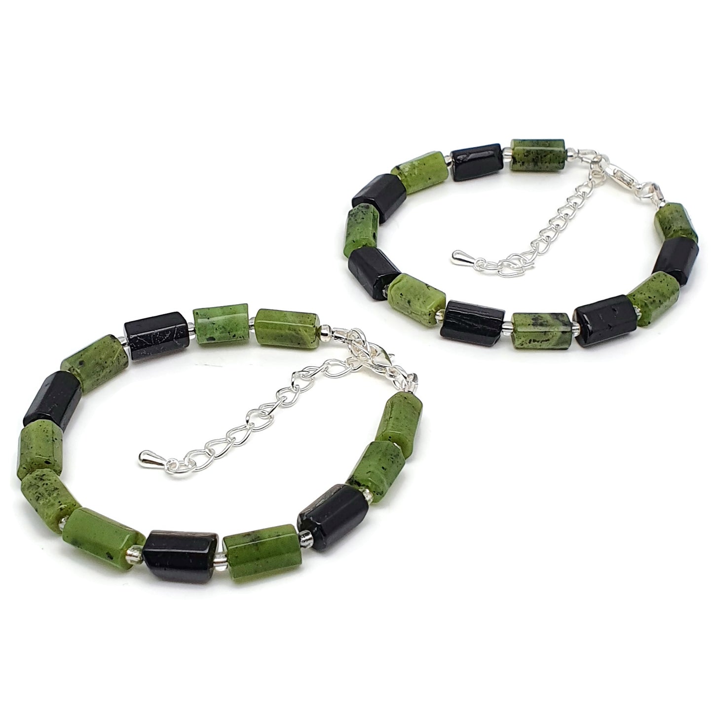 Green Jade And Black Tourmaline Beaded Bracelet Adjustable Length