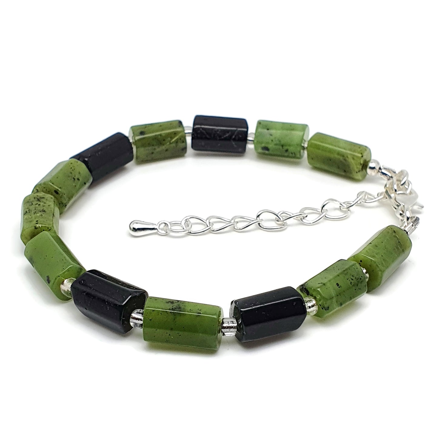 Green Jade And Black Tourmaline Beaded Bracelet Adjustable Length