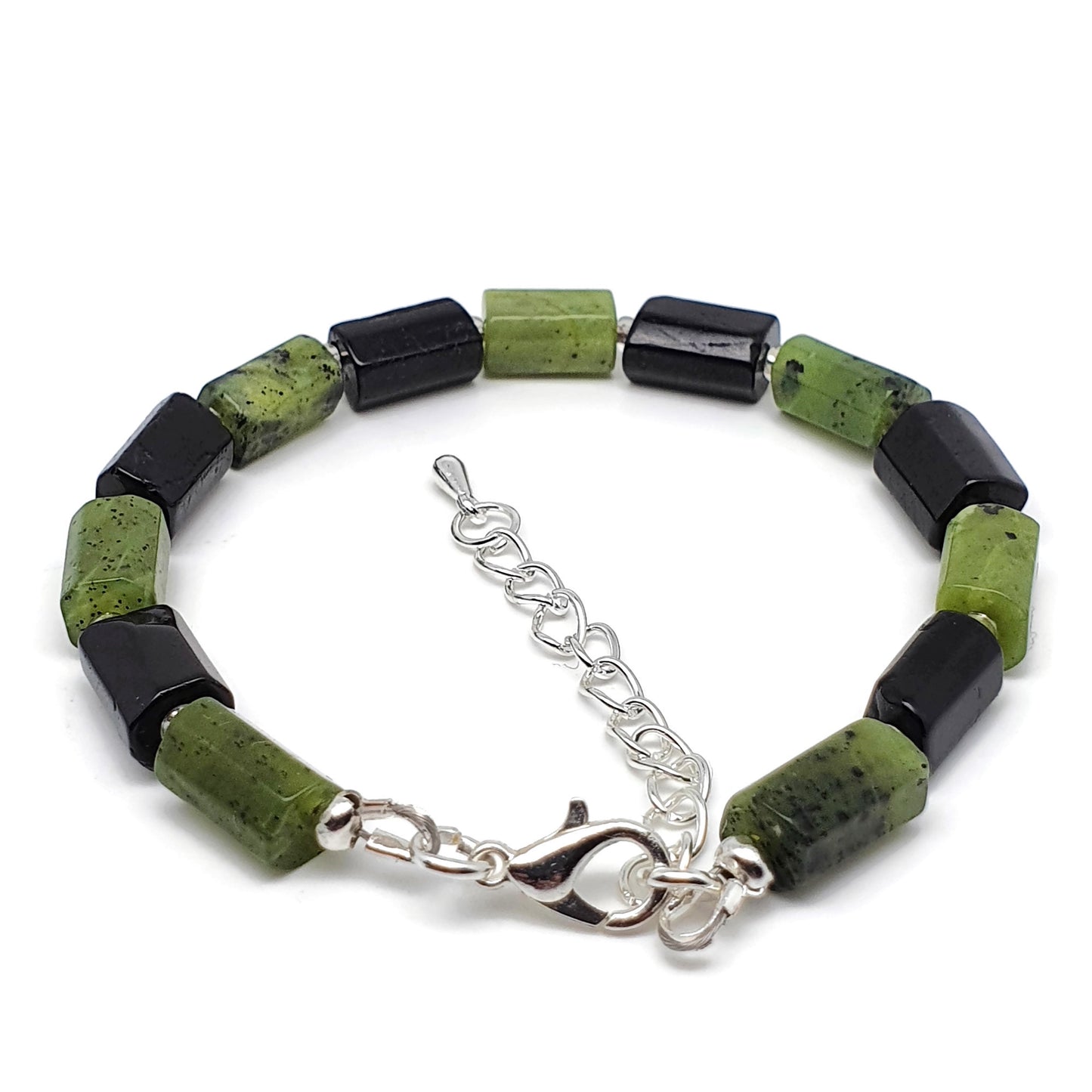 Green Jade And Black Tourmaline Beaded Bracelet Adjustable Length