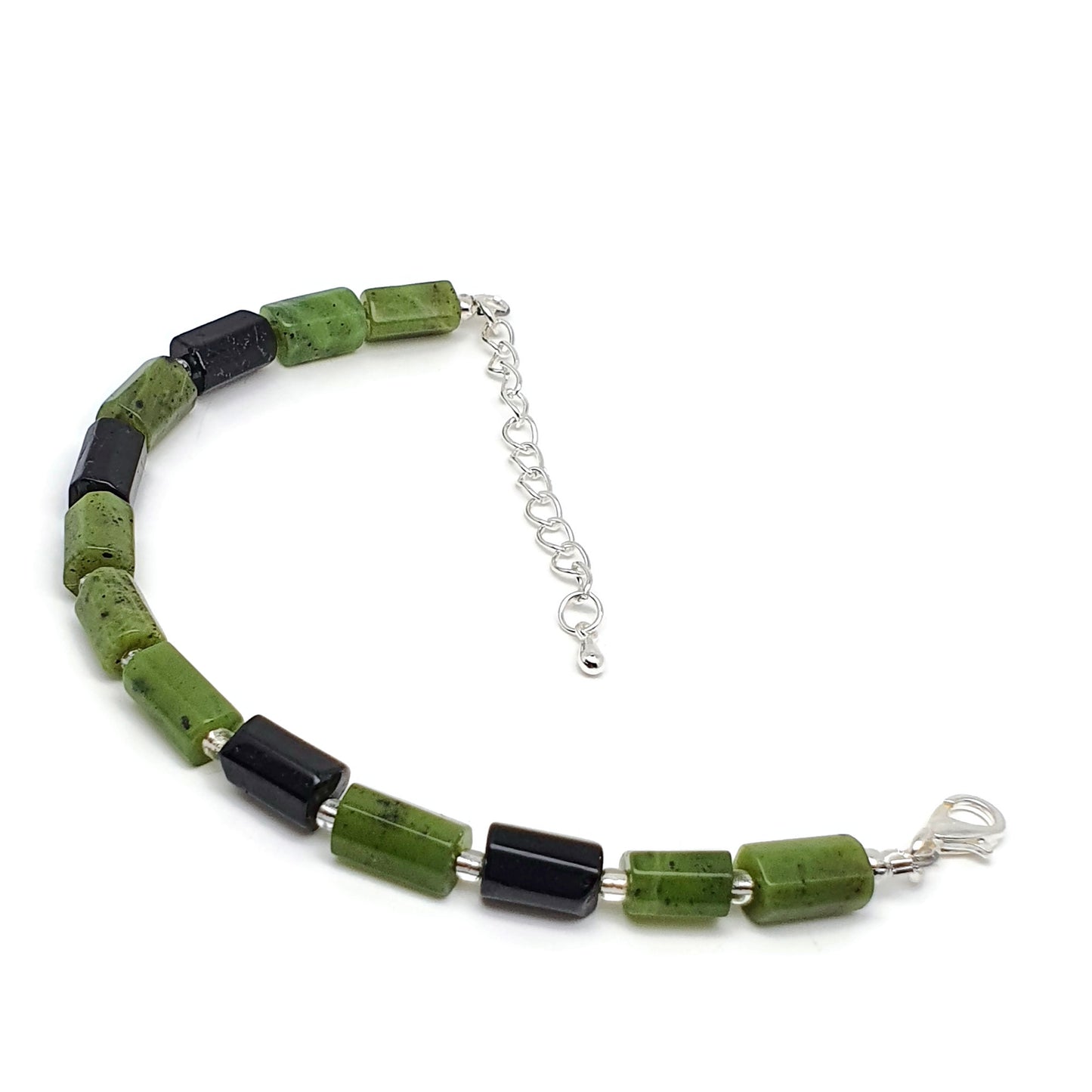 Green Jade And Black Tourmaline Beaded Bracelet Adjustable Length