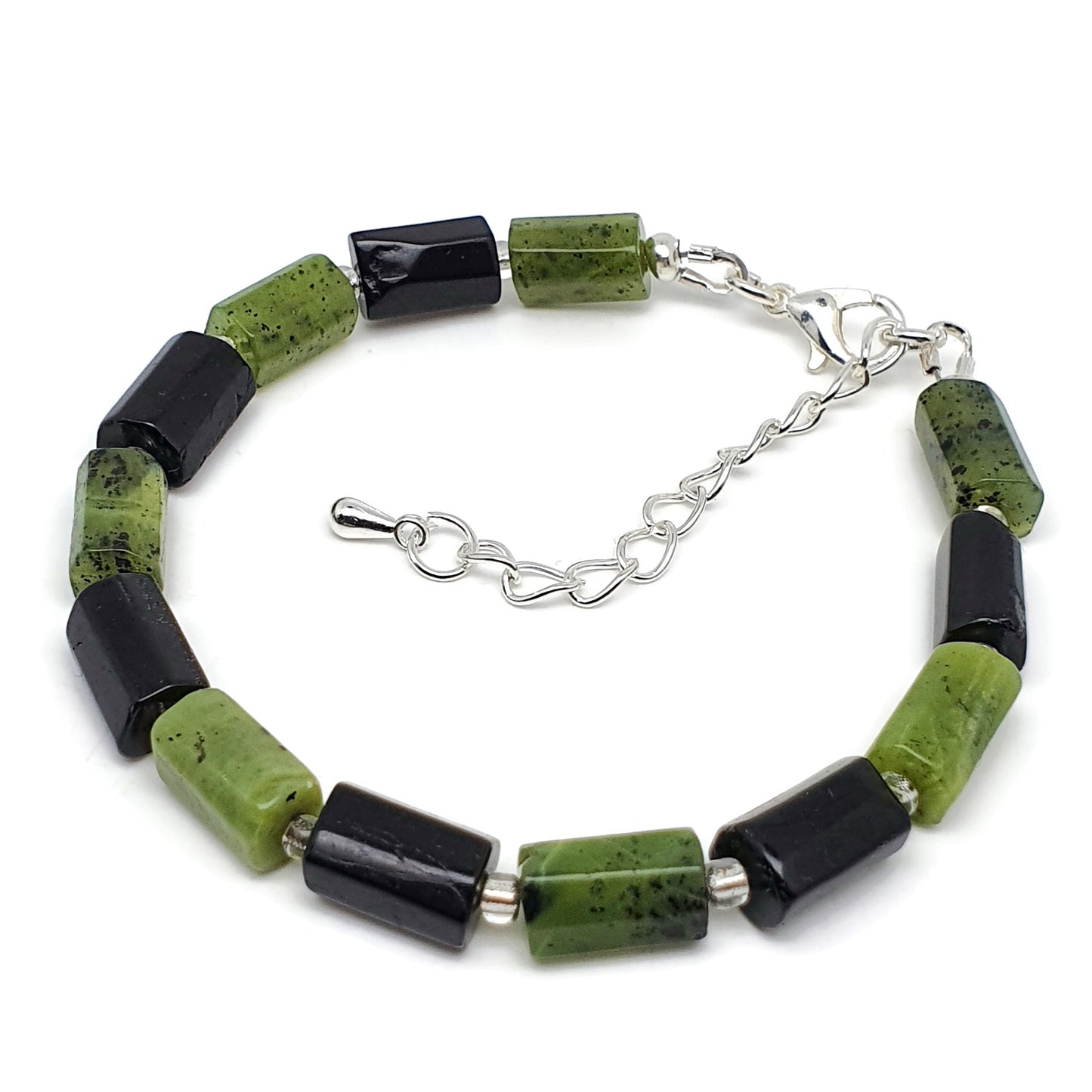 Green Jade And Black Tourmaline Beaded Bracelet Adjustable Length