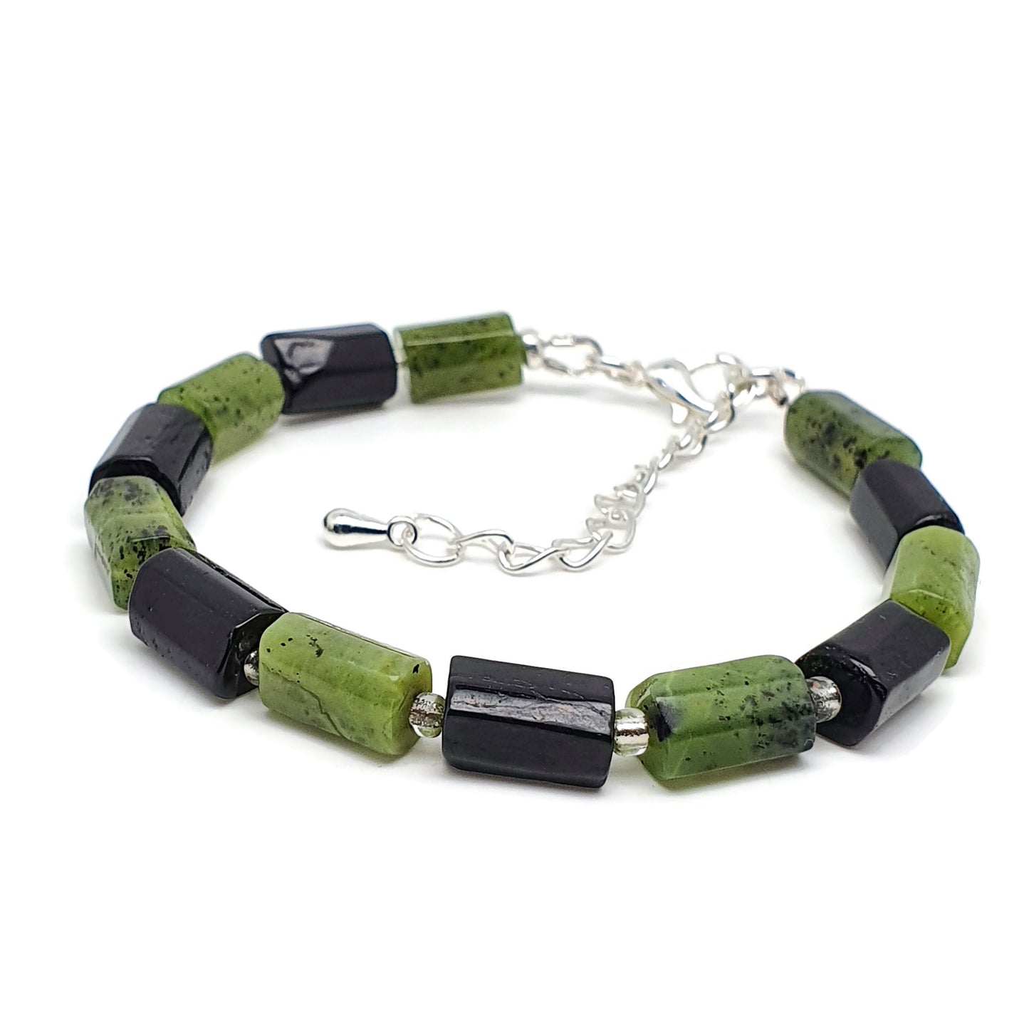 Green Jade And Black Tourmaline Beaded Bracelet Adjustable Length