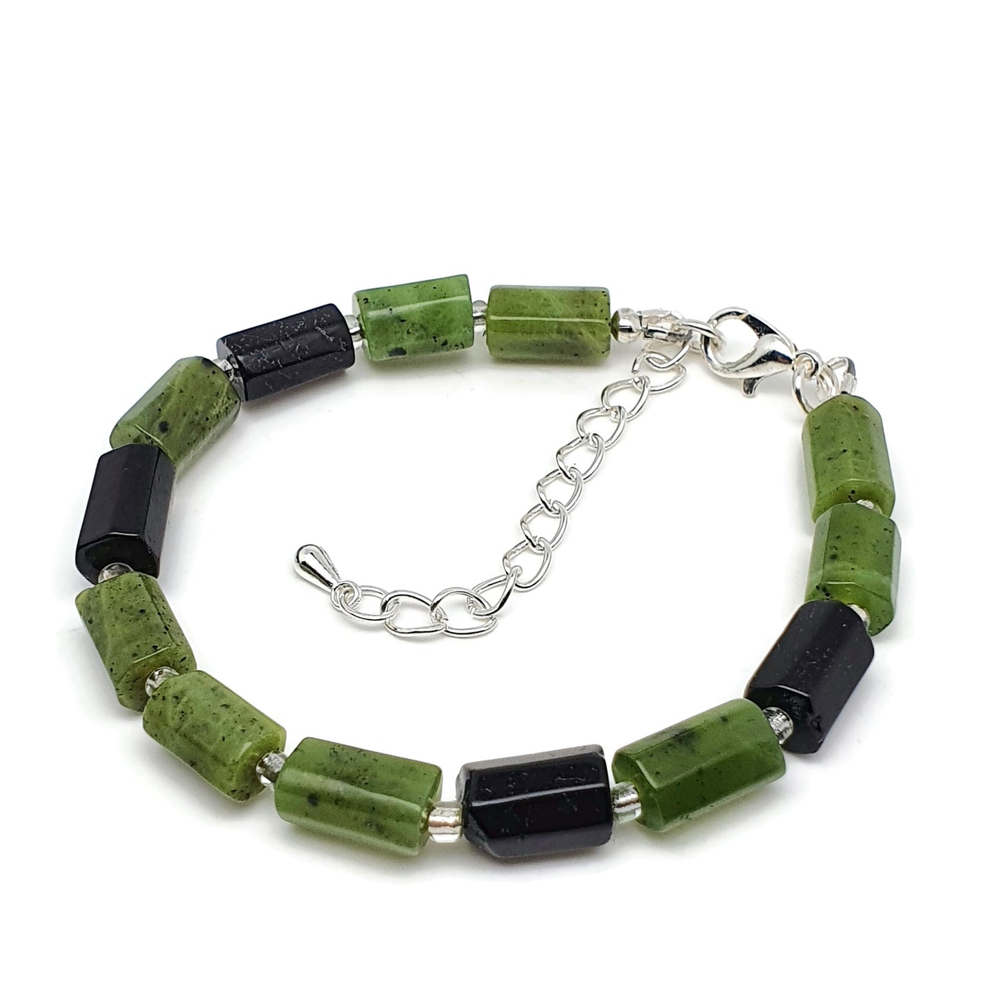 Green Jade And Black Tourmaline Beaded Bracelet Adjustable Length