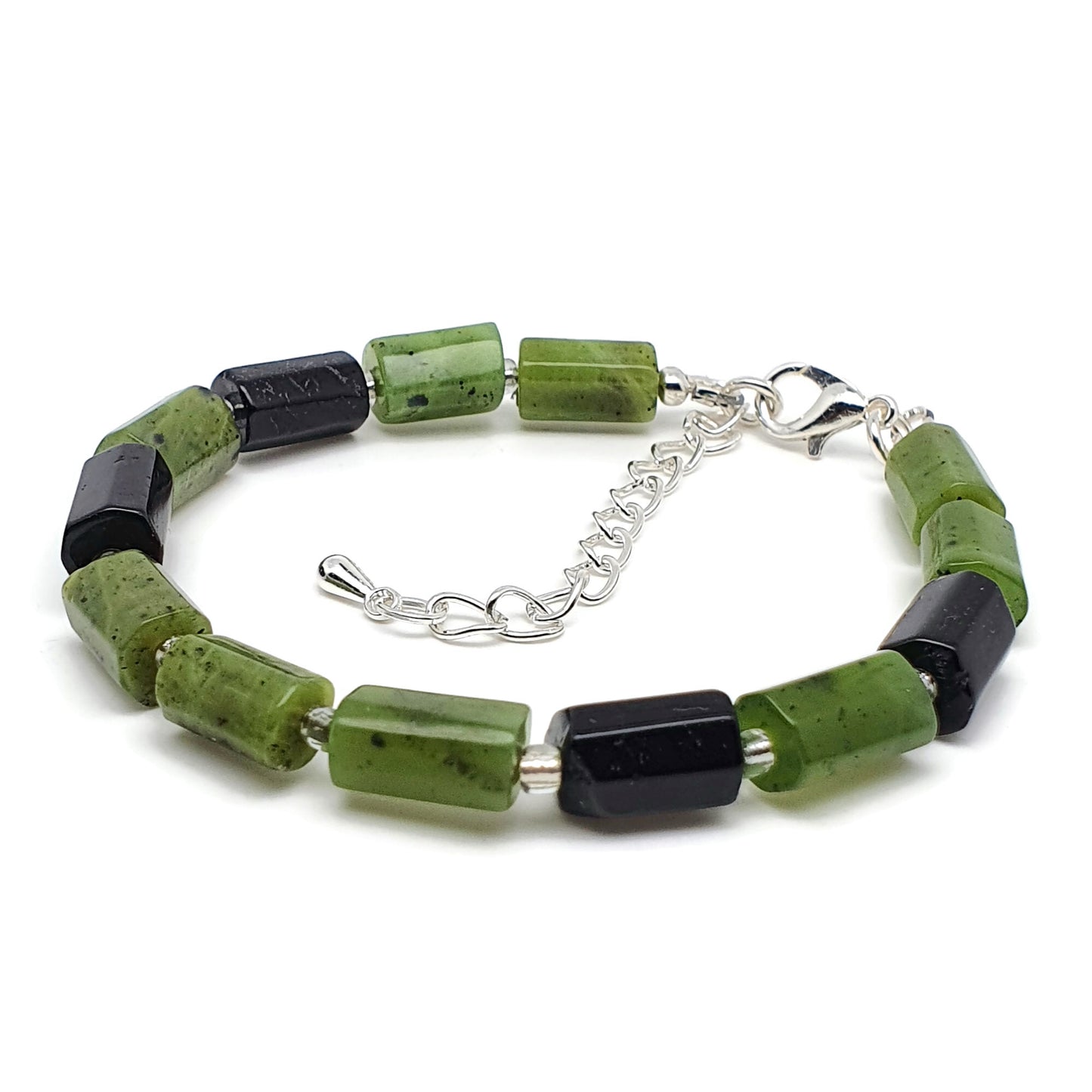 Green Jade And Black Tourmaline Beaded Bracelet Adjustable Length