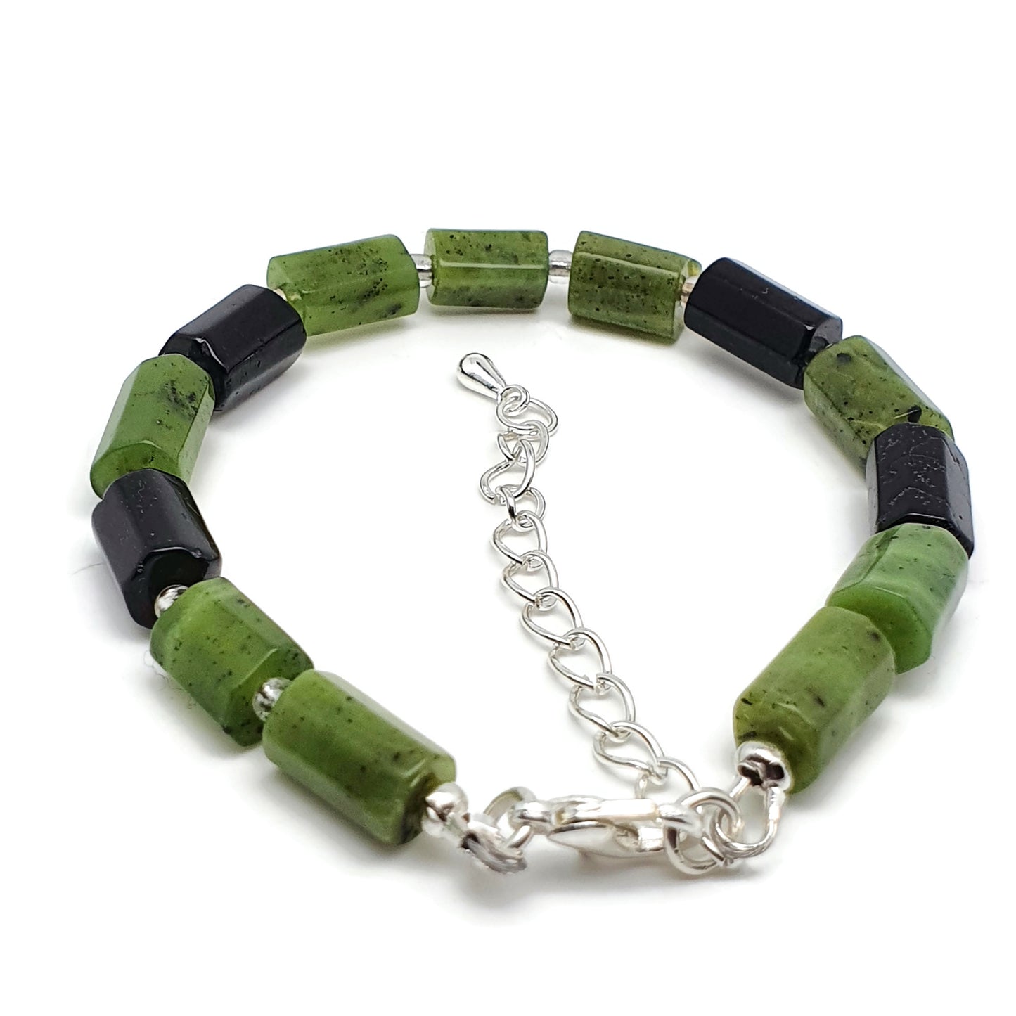 Green Jade And Black Tourmaline Beaded Bracelet Adjustable Length