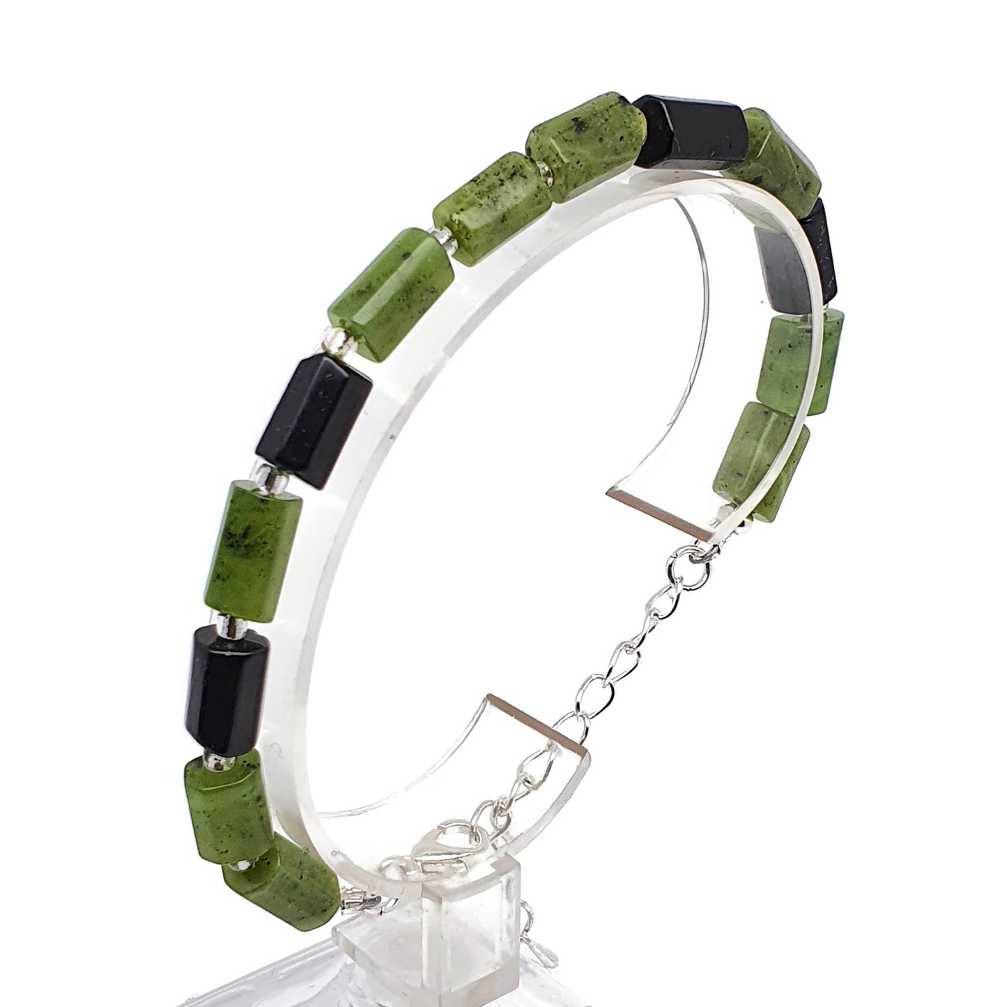 Green Jade And Black Tourmaline Beaded Bracelet Adjustable Length