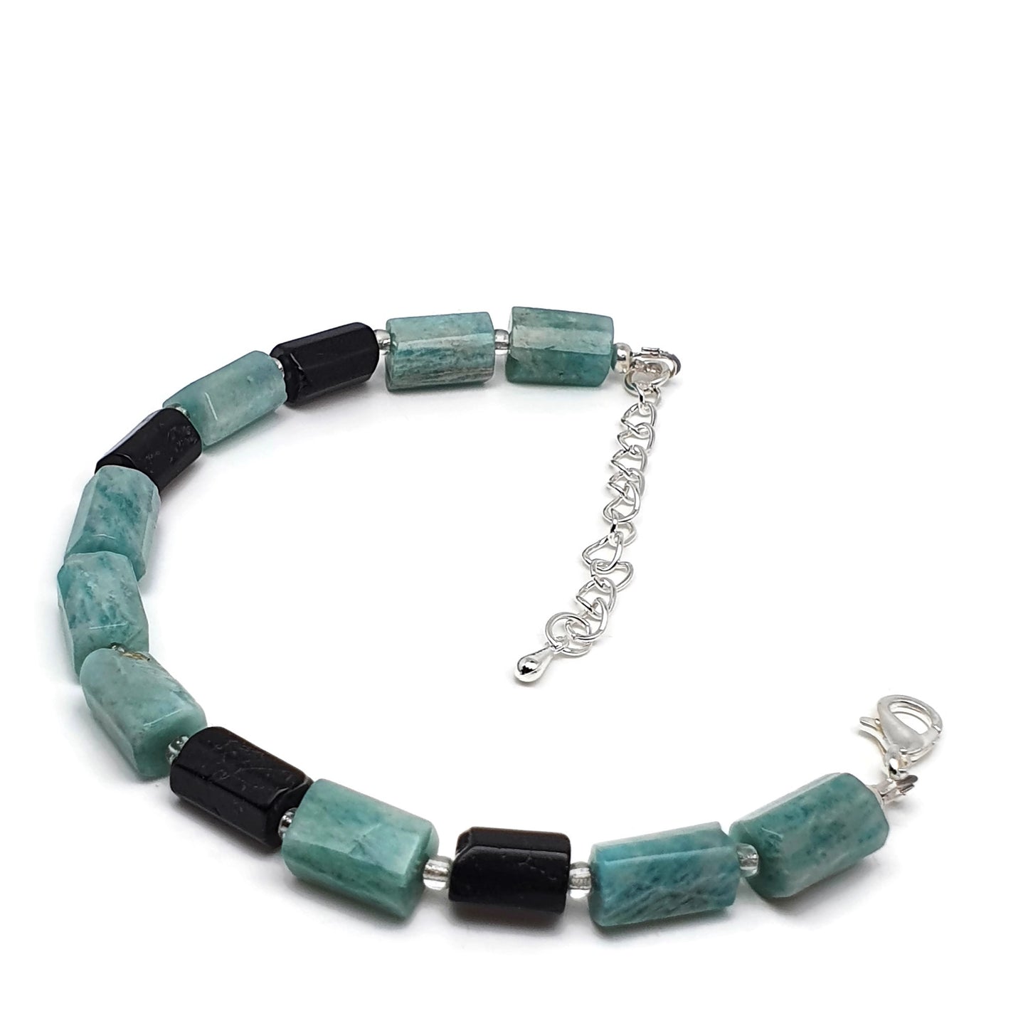 Blue Amazonite Black Tourmaline Beaded Bracelet Adjustable