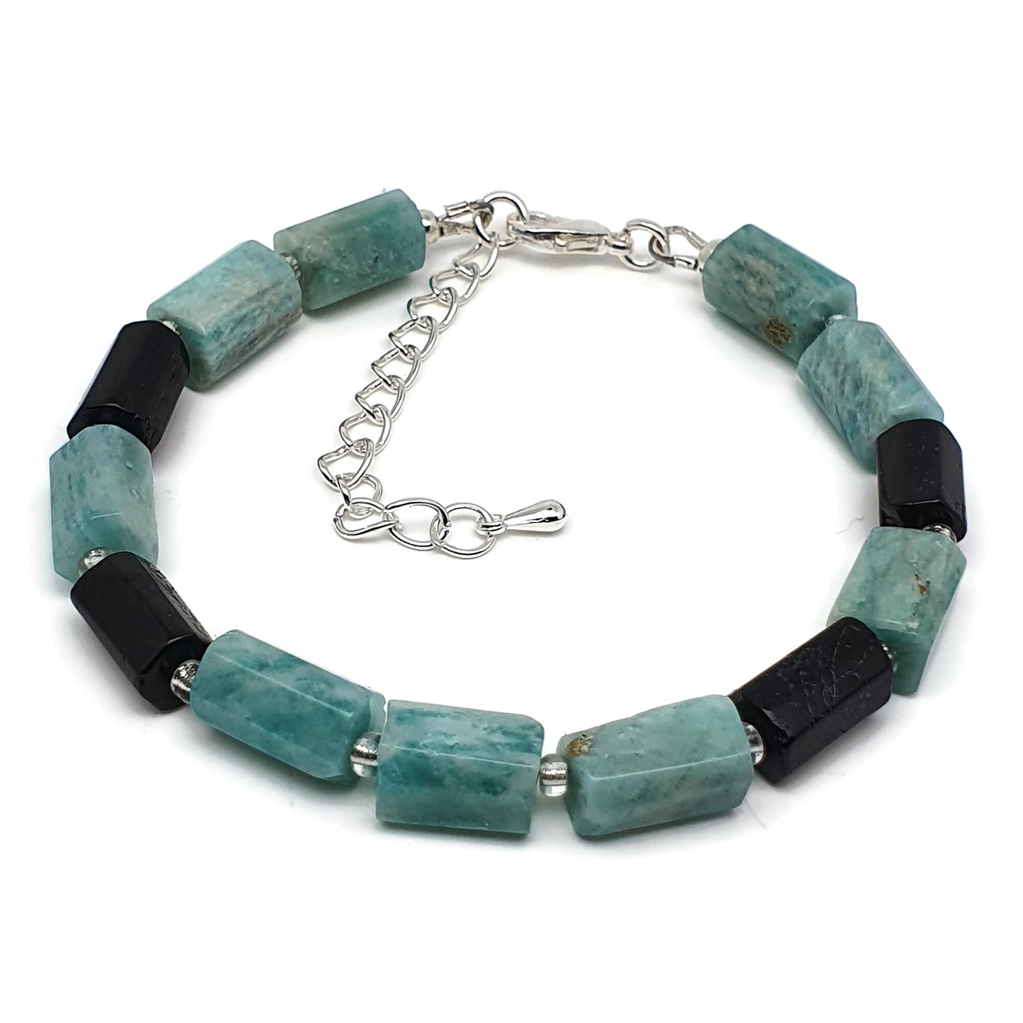 Blue Amazonite Black Tourmaline Beaded Bracelet Adjustable