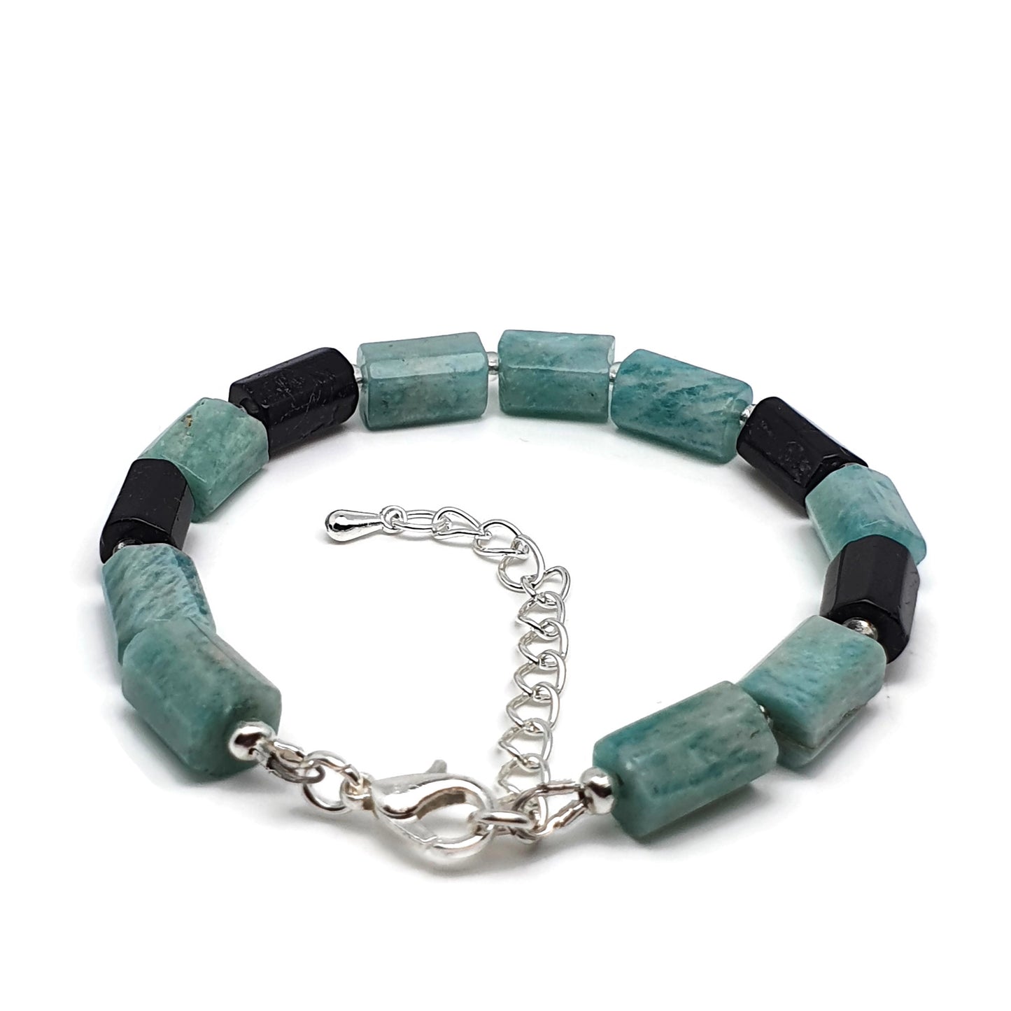 Blue Amazonite Black Tourmaline Beaded Bracelet Adjustable