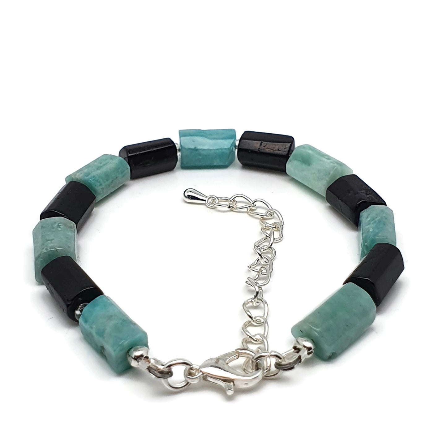 Blue Amazonite Black Tourmaline Beaded Bracelet Adjustable