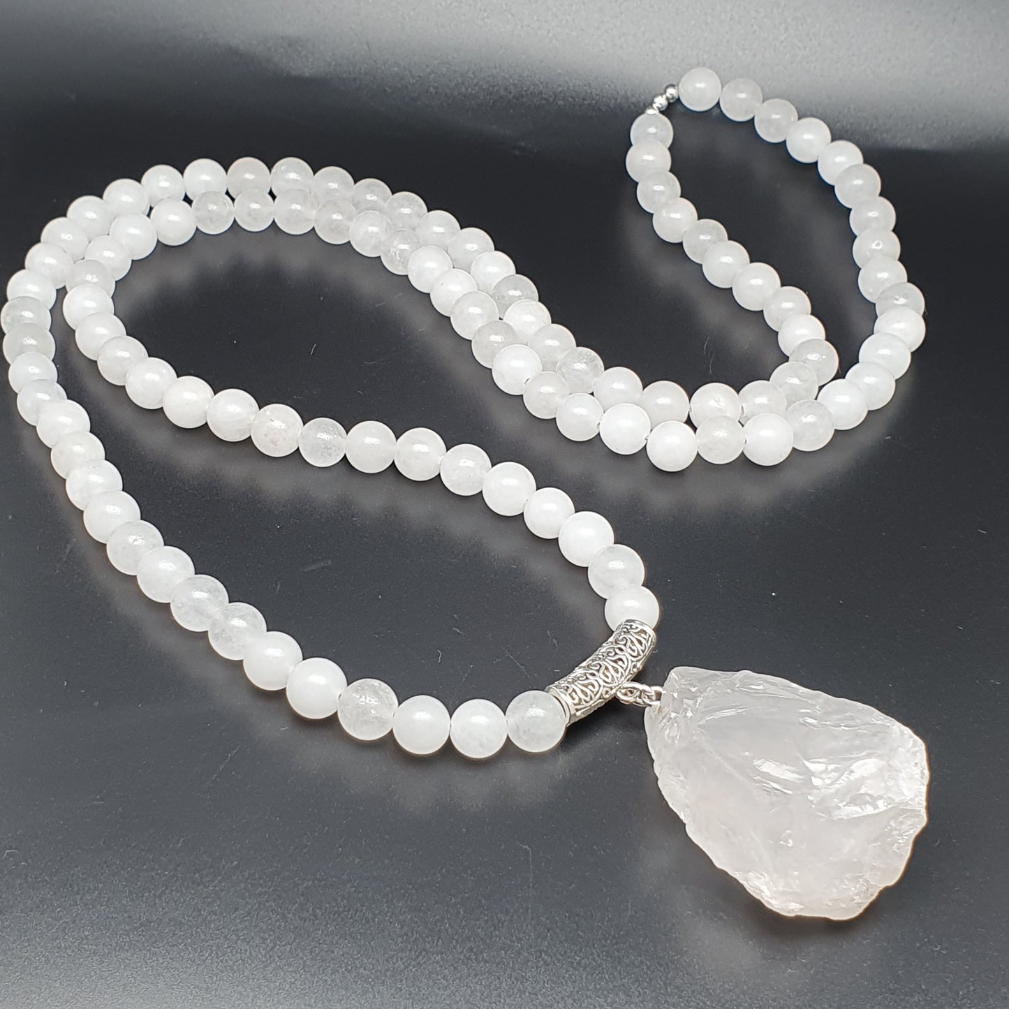 White Jade Beaded Long Boho Necklace Chunky Raw Quartz Pendant