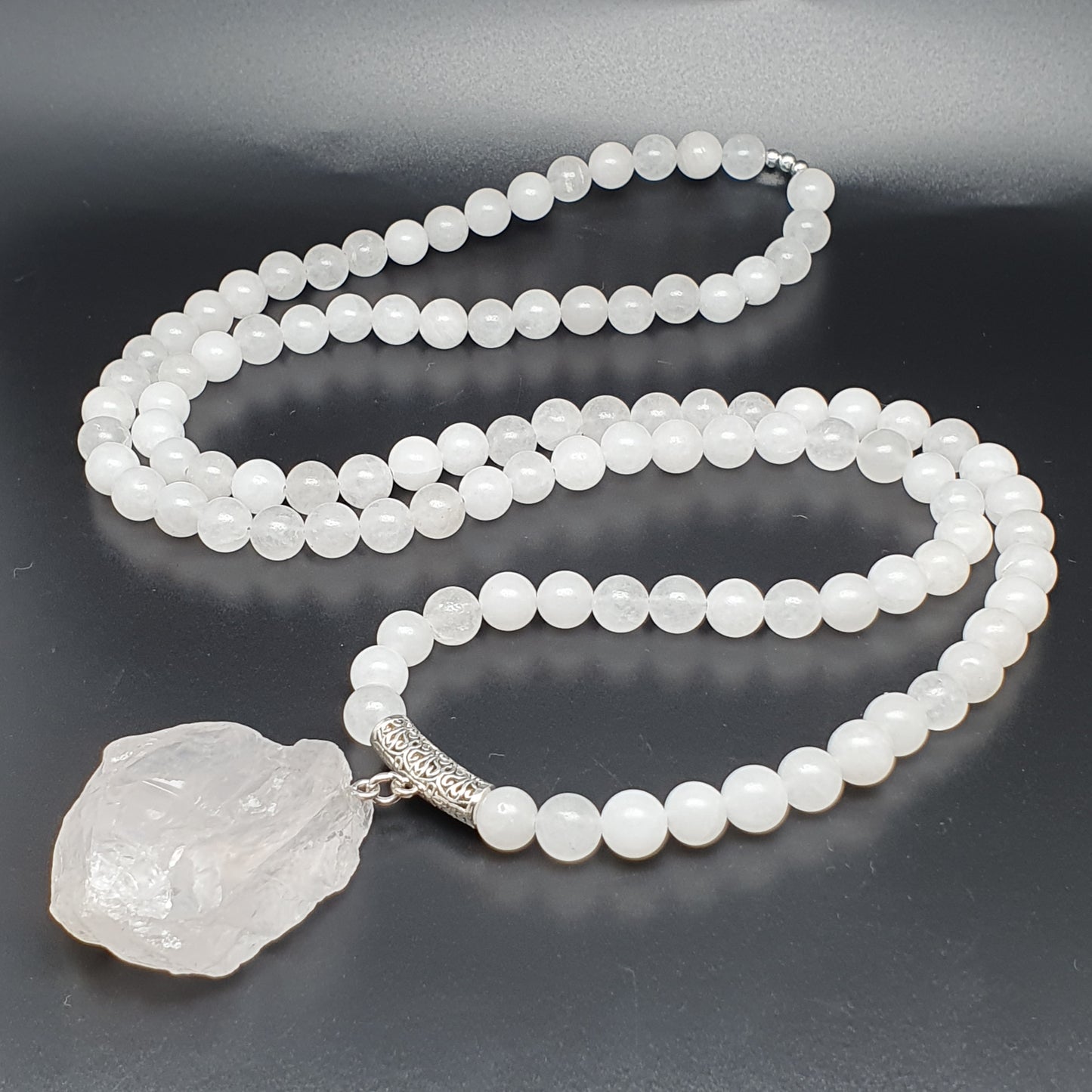 White Jade Beaded Long Boho Necklace Chunky Raw Quartz Pendant