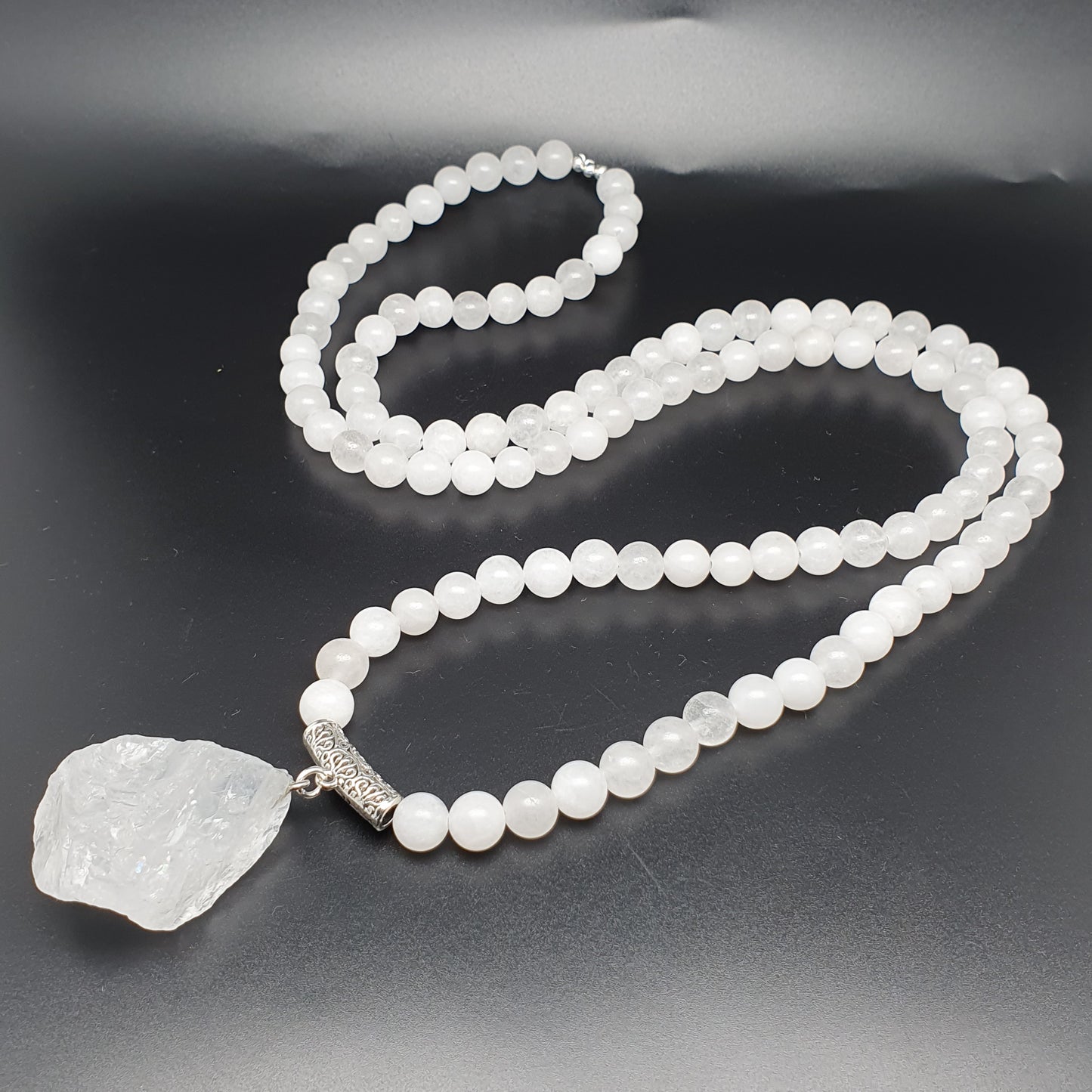 White Jade Beaded Long Boho Necklace Chunky Raw Quartz Pendant