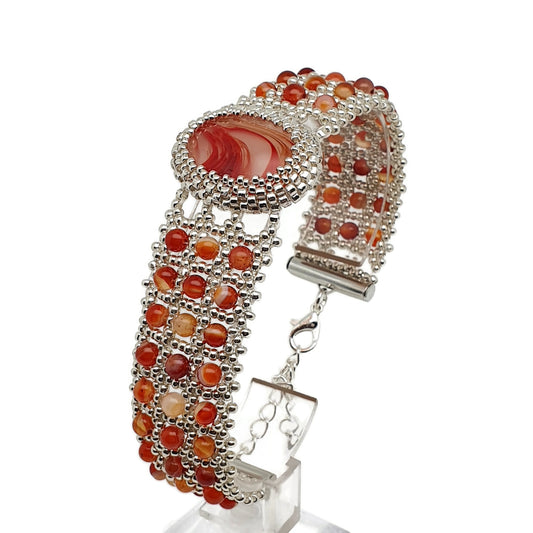 Burnt Orange Agate Watch Bracelet Beaded Interlaced Crystal Adjustable Length