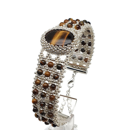 Tiger's Eye Watch Cuff Bracelet Beaded Interlaced Crystal Adjustable Length