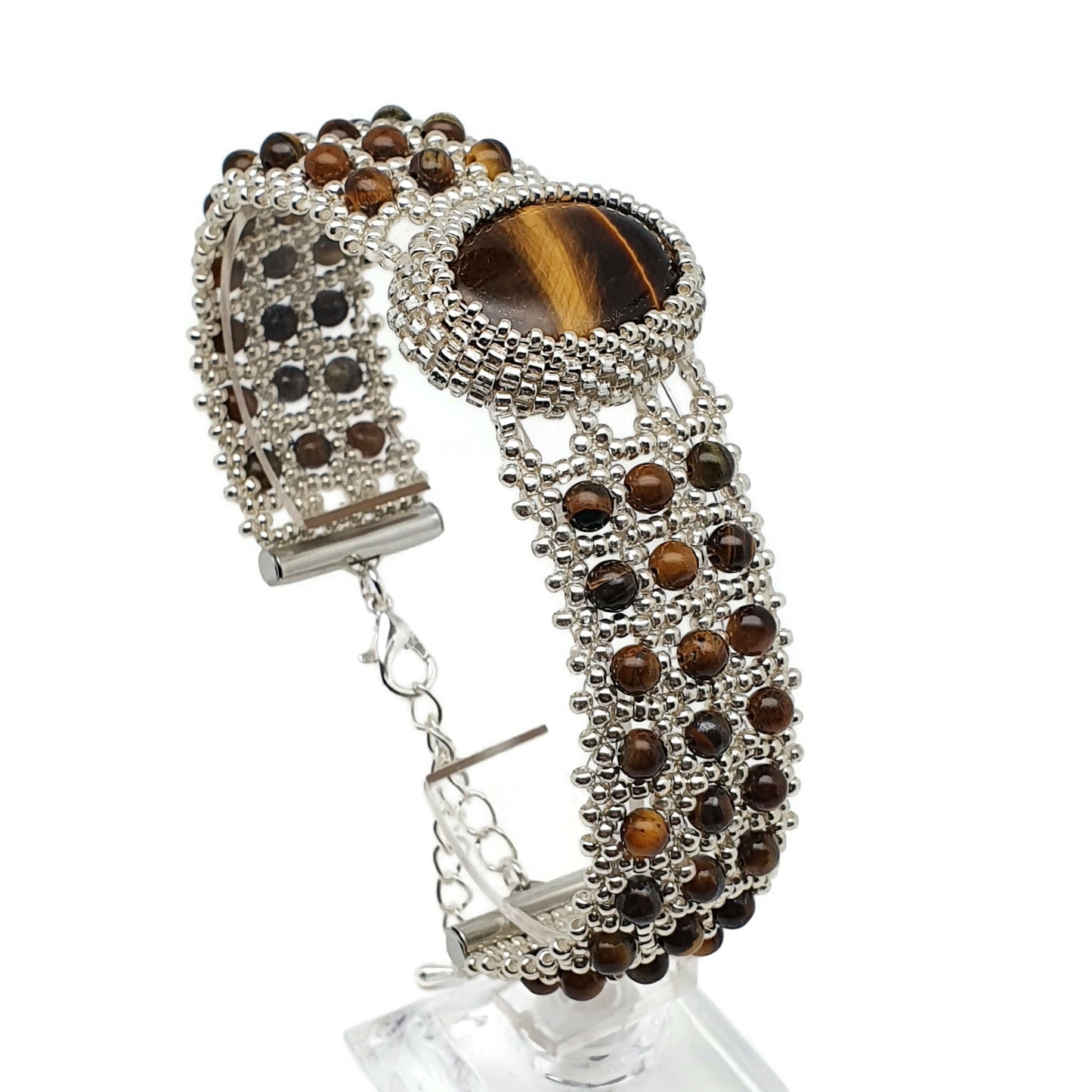 Tiger's Eye Watch Cuff Bracelet Beaded Interlaced Crystal Adjustable Length