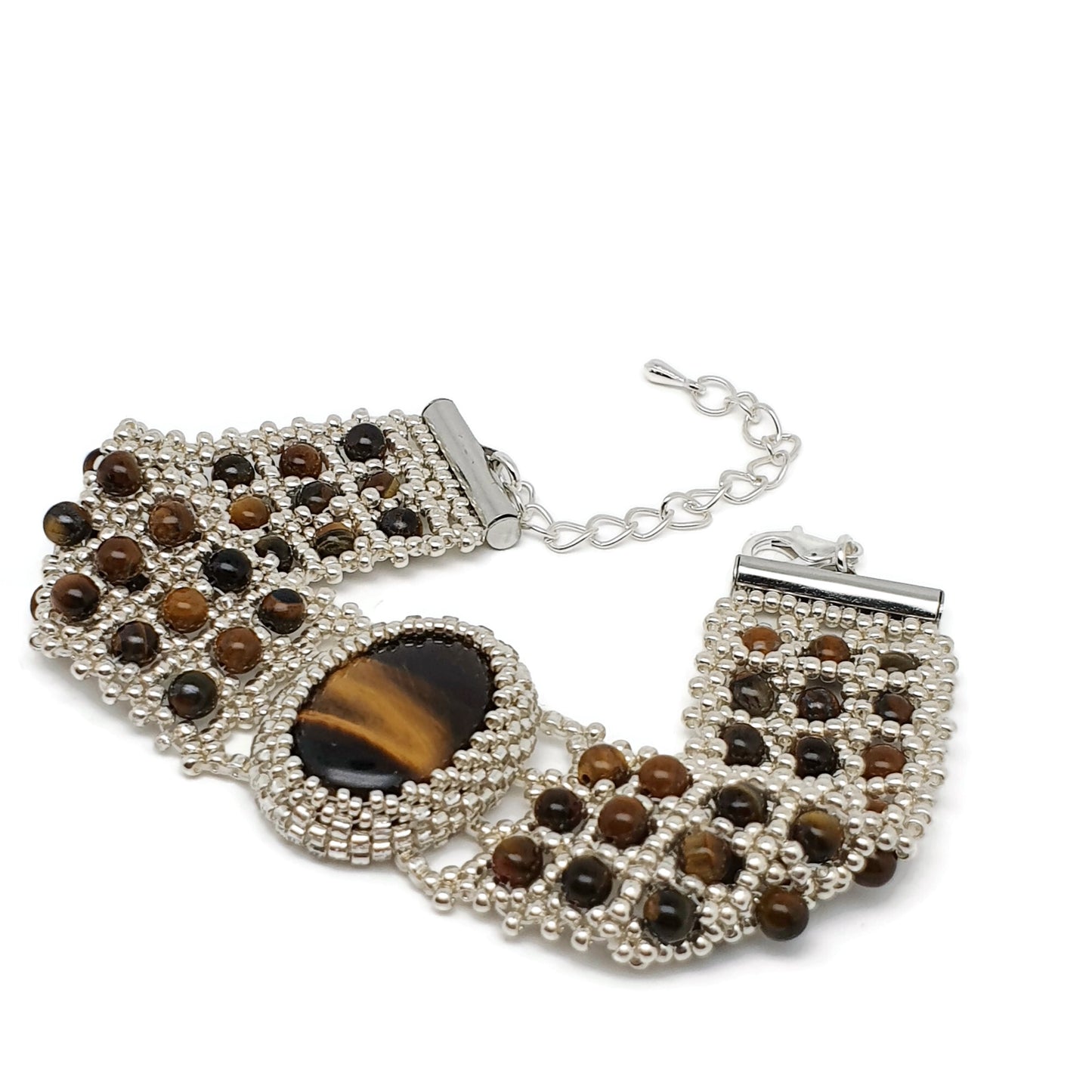 Tiger's Eye Watch Cuff Bracelet Beaded Interlaced Crystal Adjustable Length