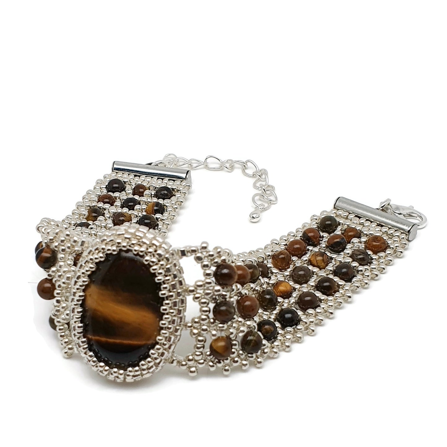 Tiger's Eye Watch Cuff Bracelet Beaded Interlaced Crystal Adjustable Length