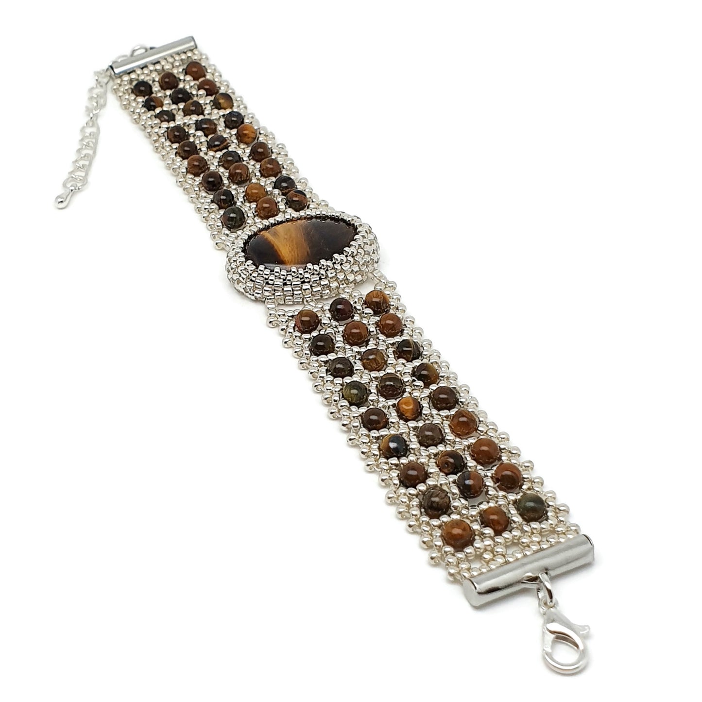 Tiger's Eye Watch Cuff Bracelet Beaded Interlaced Crystal Adjustable Length