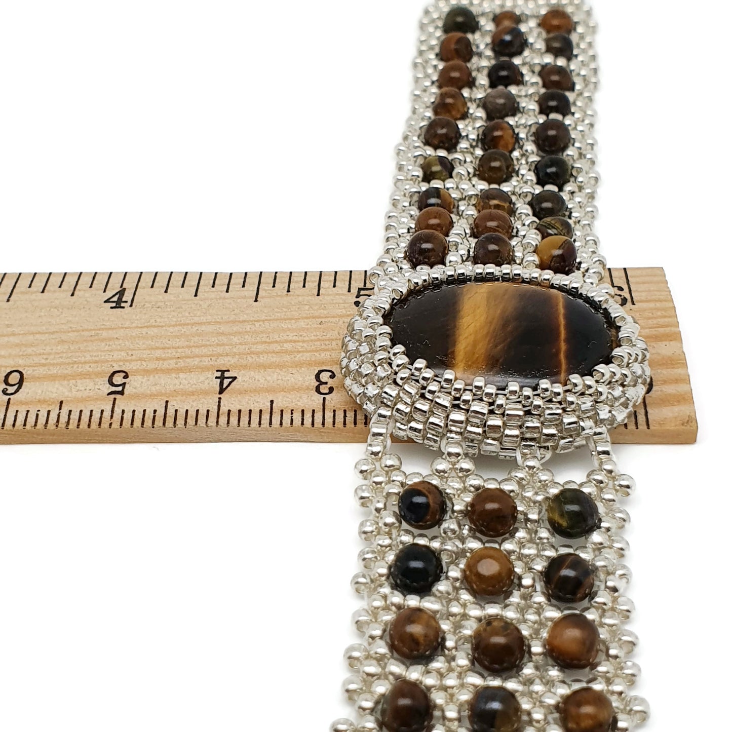 Tiger's Eye Watch Cuff Bracelet Beaded Interlaced Crystal Adjustable Length