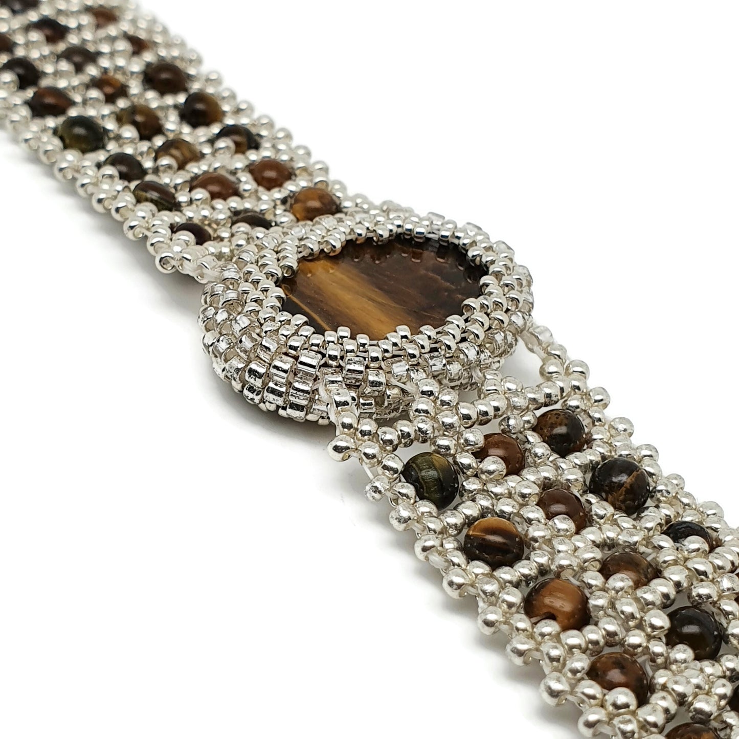 Tiger's Eye Watch Cuff Bracelet Beaded Interlaced Crystal Adjustable Length