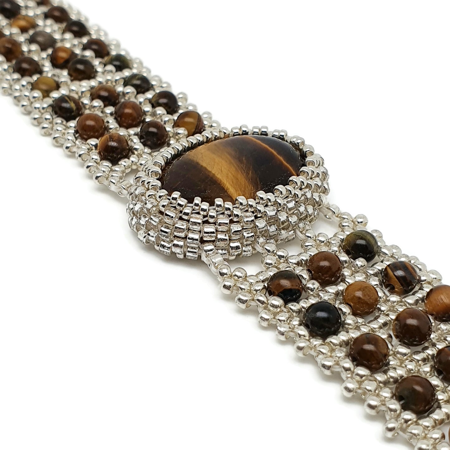 Tiger's Eye Watch Cuff Bracelet Beaded Interlaced Crystal Adjustable Length