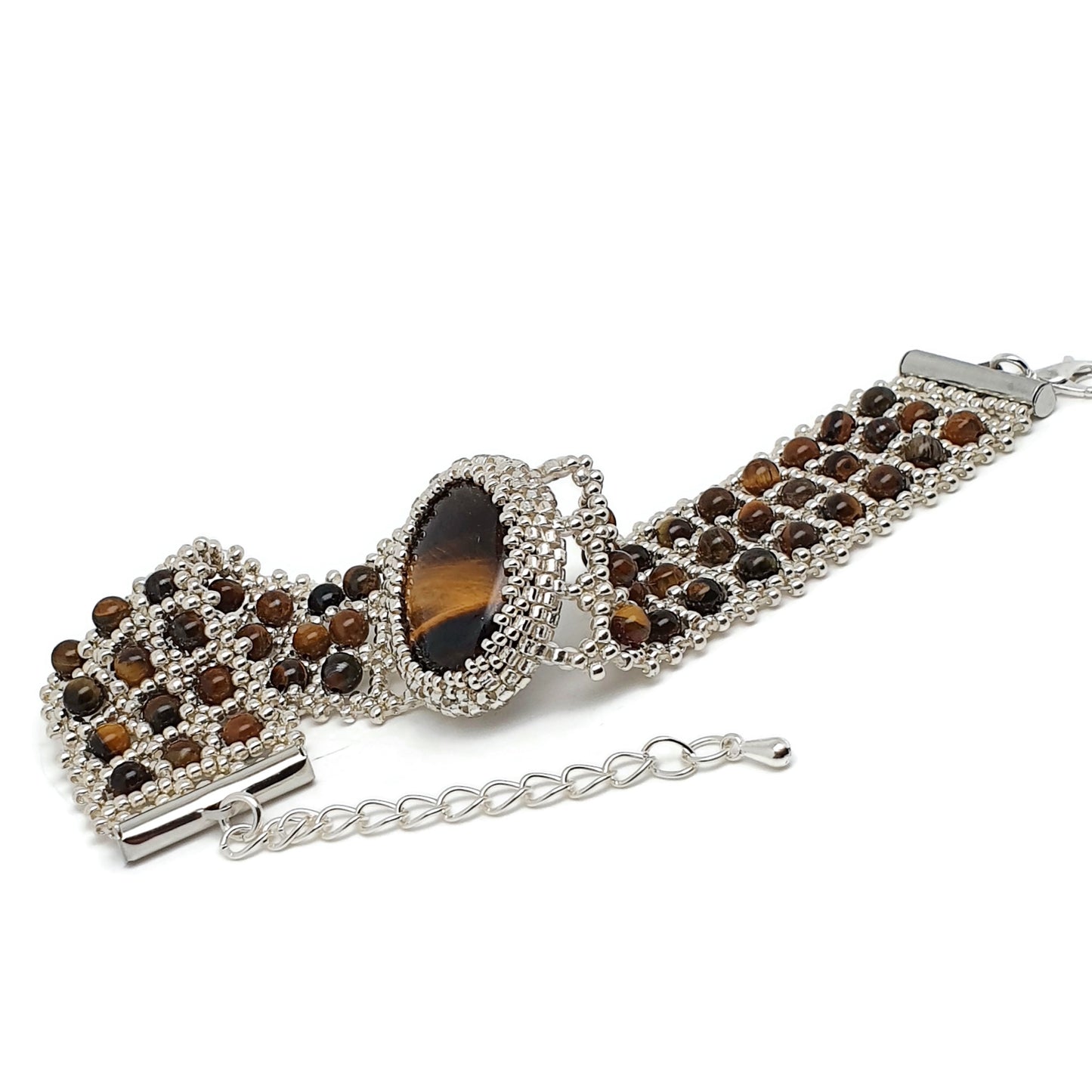 Tiger's Eye Watch Cuff Bracelet Beaded Interlaced Crystal Adjustable Length