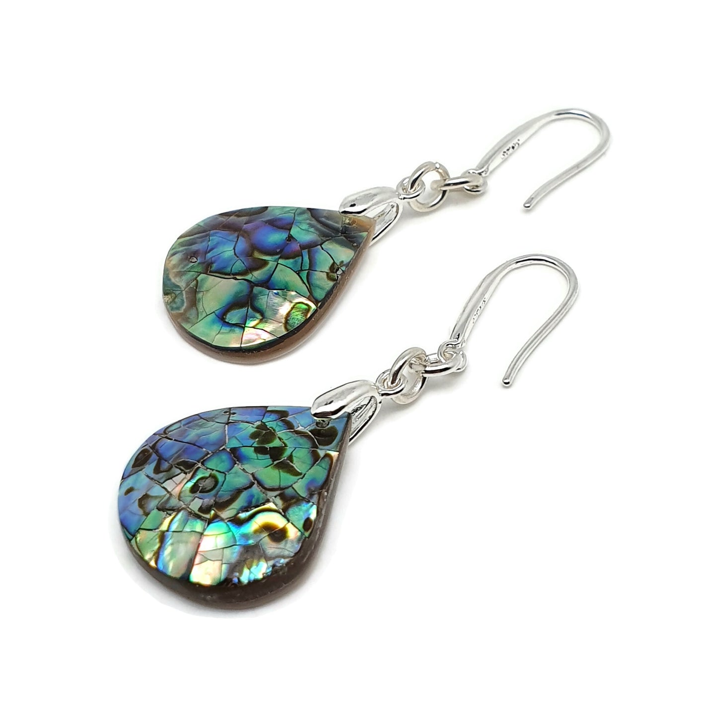 Rainbow Paua Abalone Teardrop Earrings Dangle Drop Natural Sea Shell