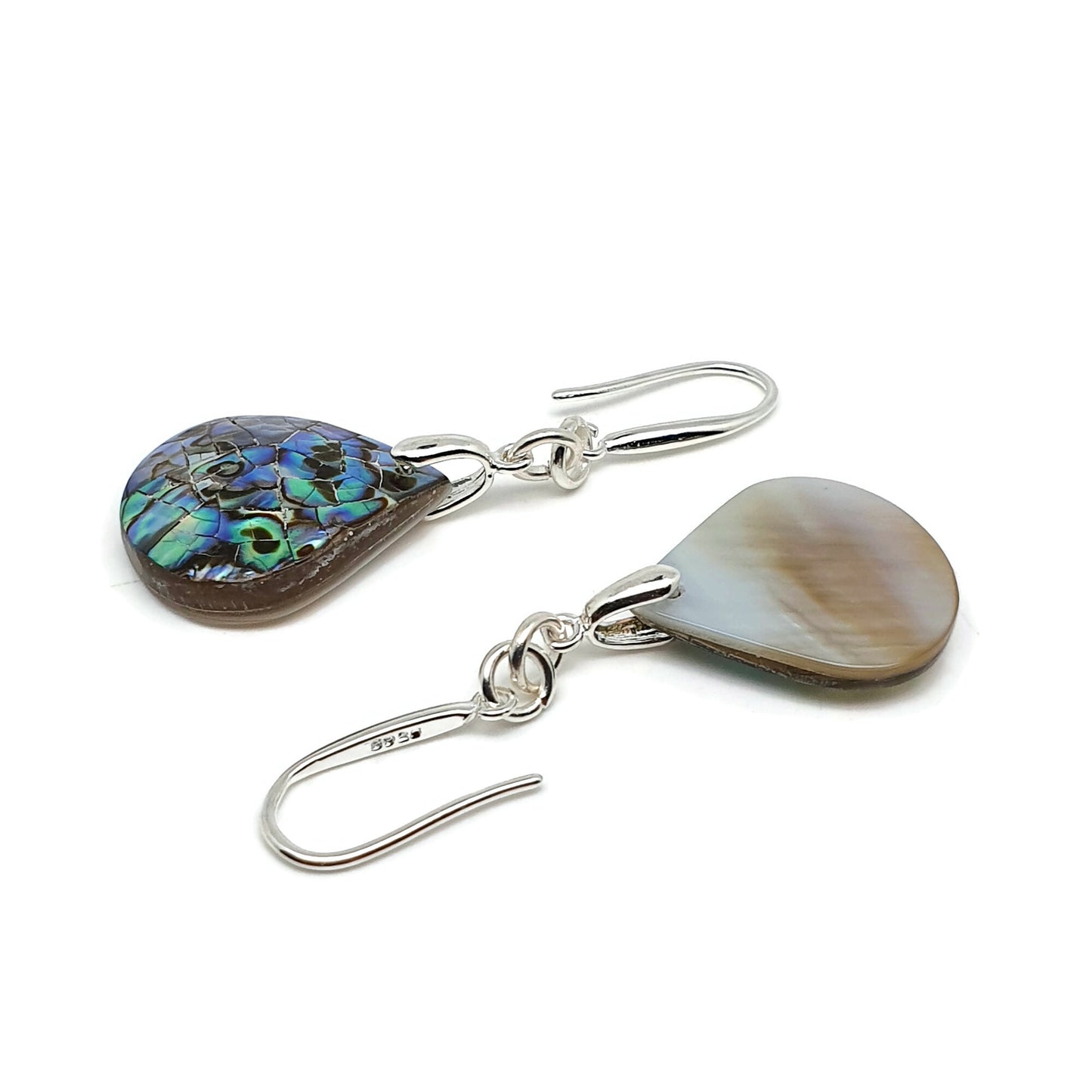 Rainbow Paua Abalone Teardrop Earrings Dangle Drop Natural Sea Shell