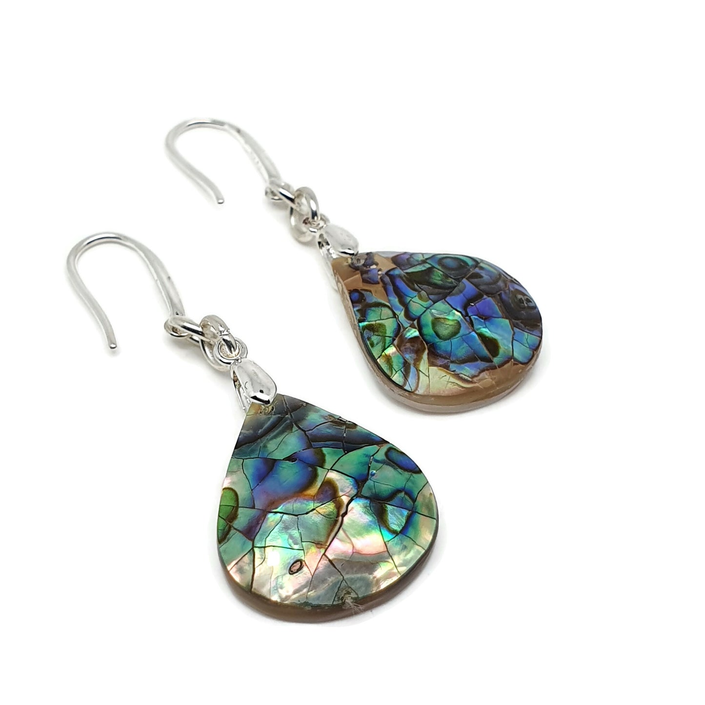 Rainbow Paua Abalone Teardrop Earrings Dangle Drop Natural Sea Shell