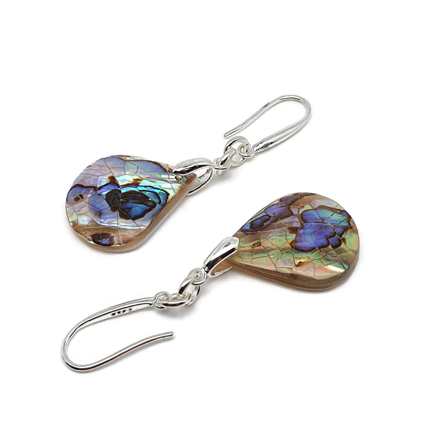 Rainbow Paua Abalone Teardrop Earrings Dangle Drop Natural Sea Shell